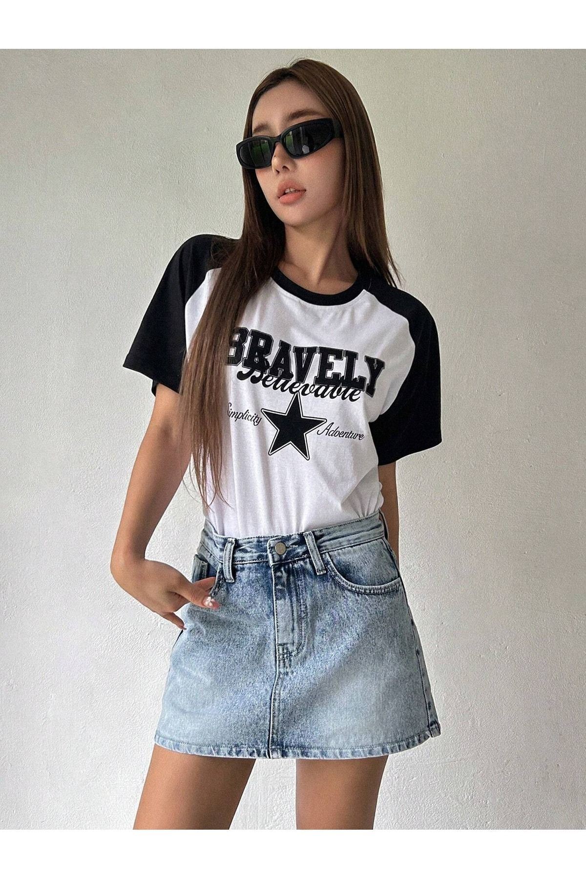 CLAYES  Bravelly Yıldız Parçalı Süprem T-Shirt - Beyaz Siyah Oversize Bisiklet Yaka Kısa Kol Tişört - Görsel 2