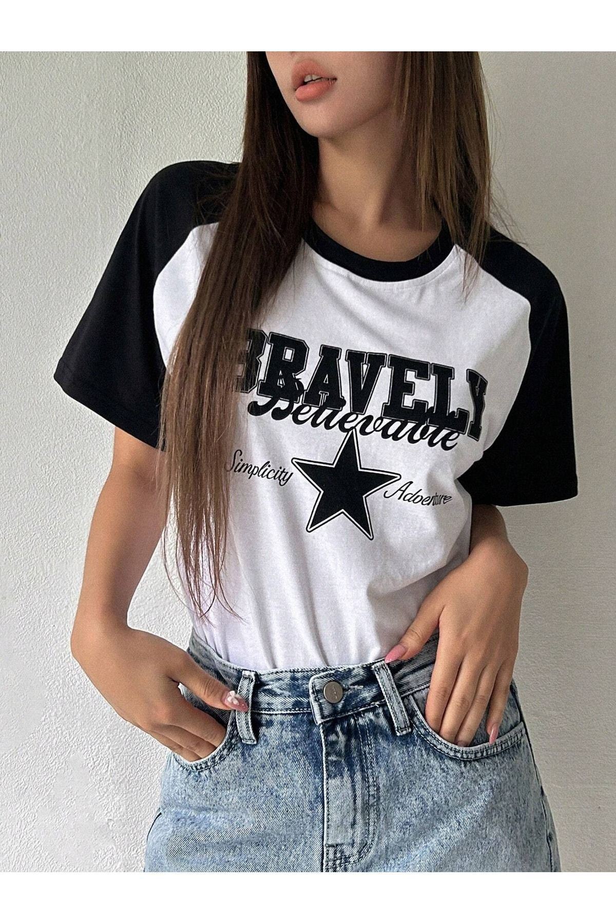 CLAYES  Bravelly Yıldız Parçalı Süprem T-Shirt - Beyaz Siyah Oversize Bisiklet Yaka Kısa Kol Tişört - Görsel 5