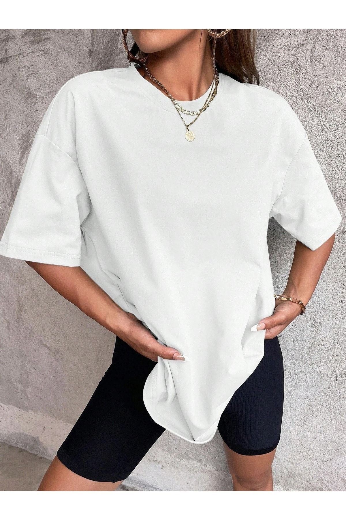 CLAYES  Düz Basic T-Shirt - Beyaz Oversize Bisiklet Yaka Kısa Kol - Görsel 3