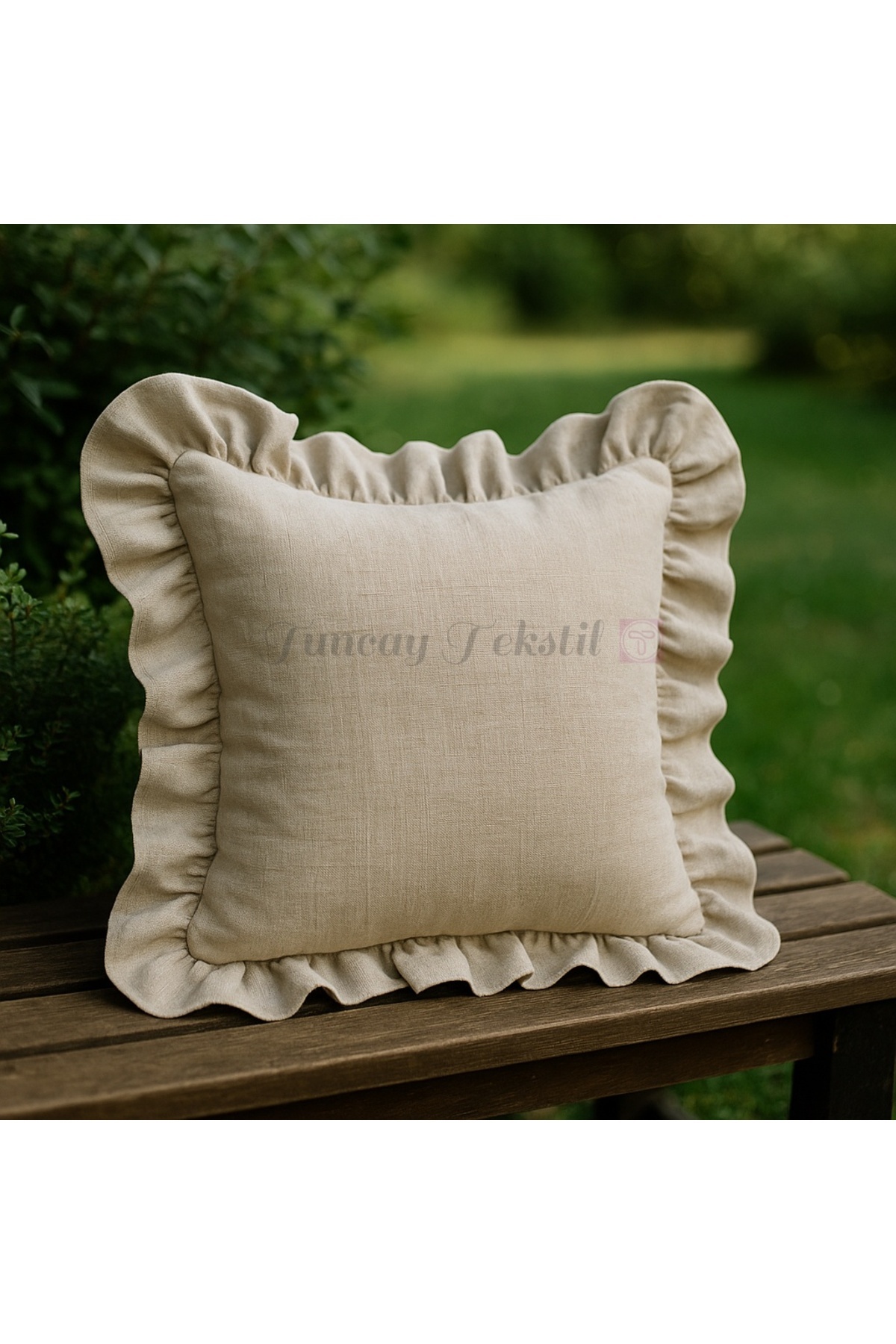 TUNCAY TEKSTİL-100% Natural Linen - Frilly Throw Pillow Cover 2