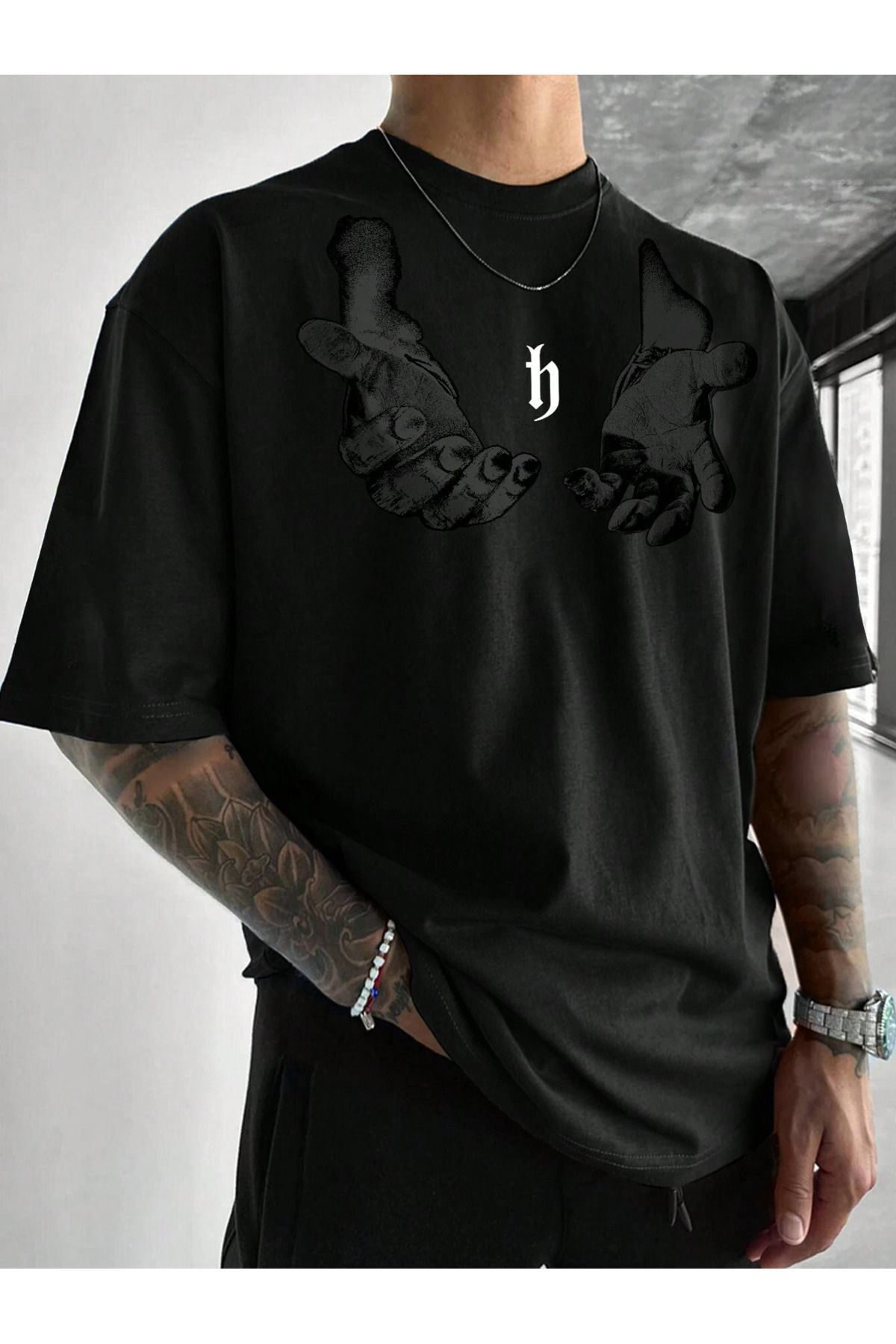 CLAYES-Men's Hand Print Oversize Black Printed T-shirt - Crew Neck Short Sleeve Comfortable Fit T-Shirt 1