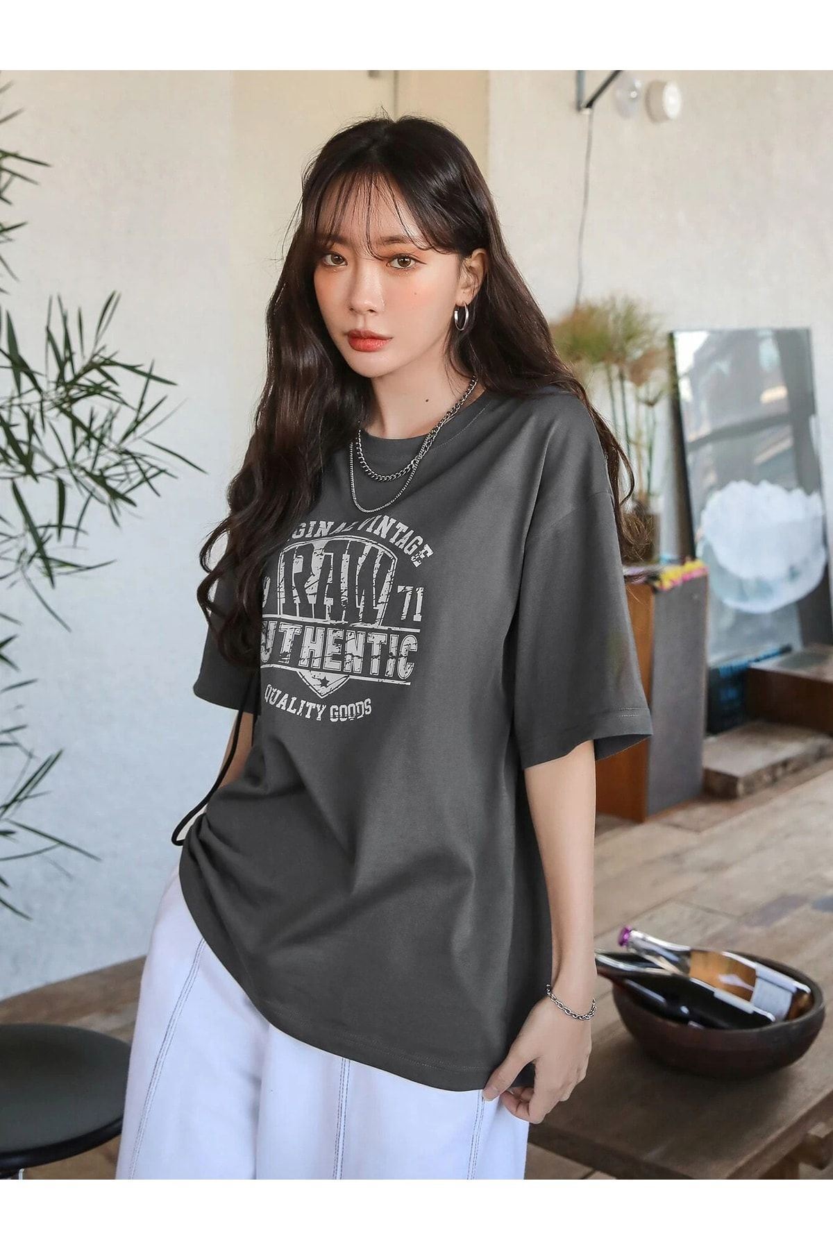 CLAYES Füme Oversize Authentic T-shirt - Oversize Baskılı görsel 4