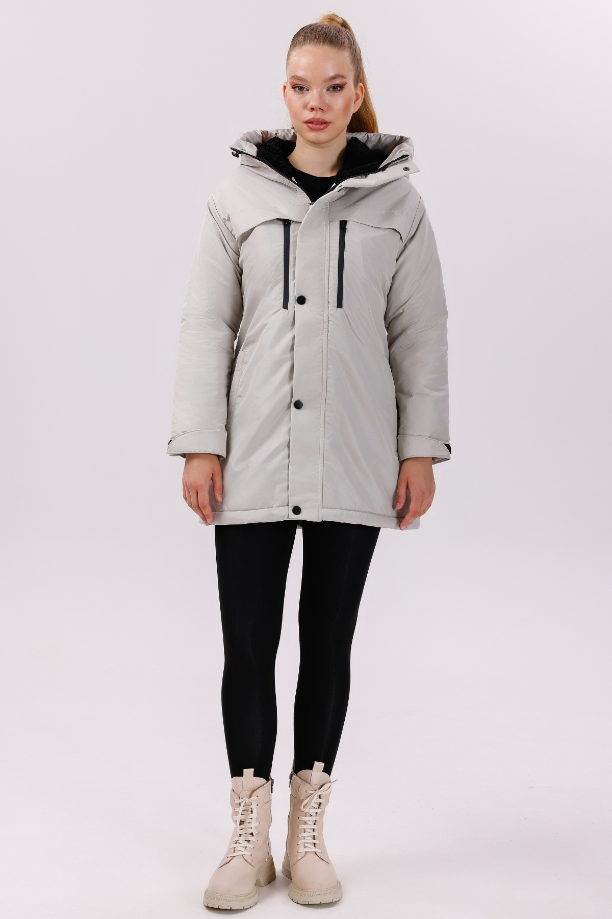 freemen  Kadın Taş Polarlı Kürklü Su Ve Rüzgar Geçirmez Kapüşonlu Kışlık Regülar Kalıp Mont & Kaban & Parka - Görsel 7