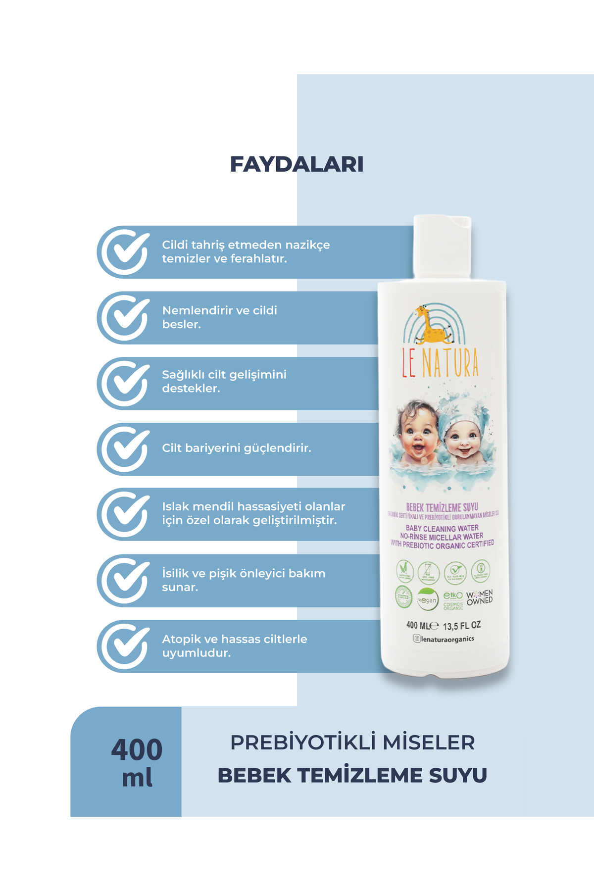 LE NATURA Durulanmayan Bebek Miseler Temizleme Suyu 400 ml - Prebiyotikli, Organik ve Vegan Sertifikalı fotoğrafı 3 (önizleme)