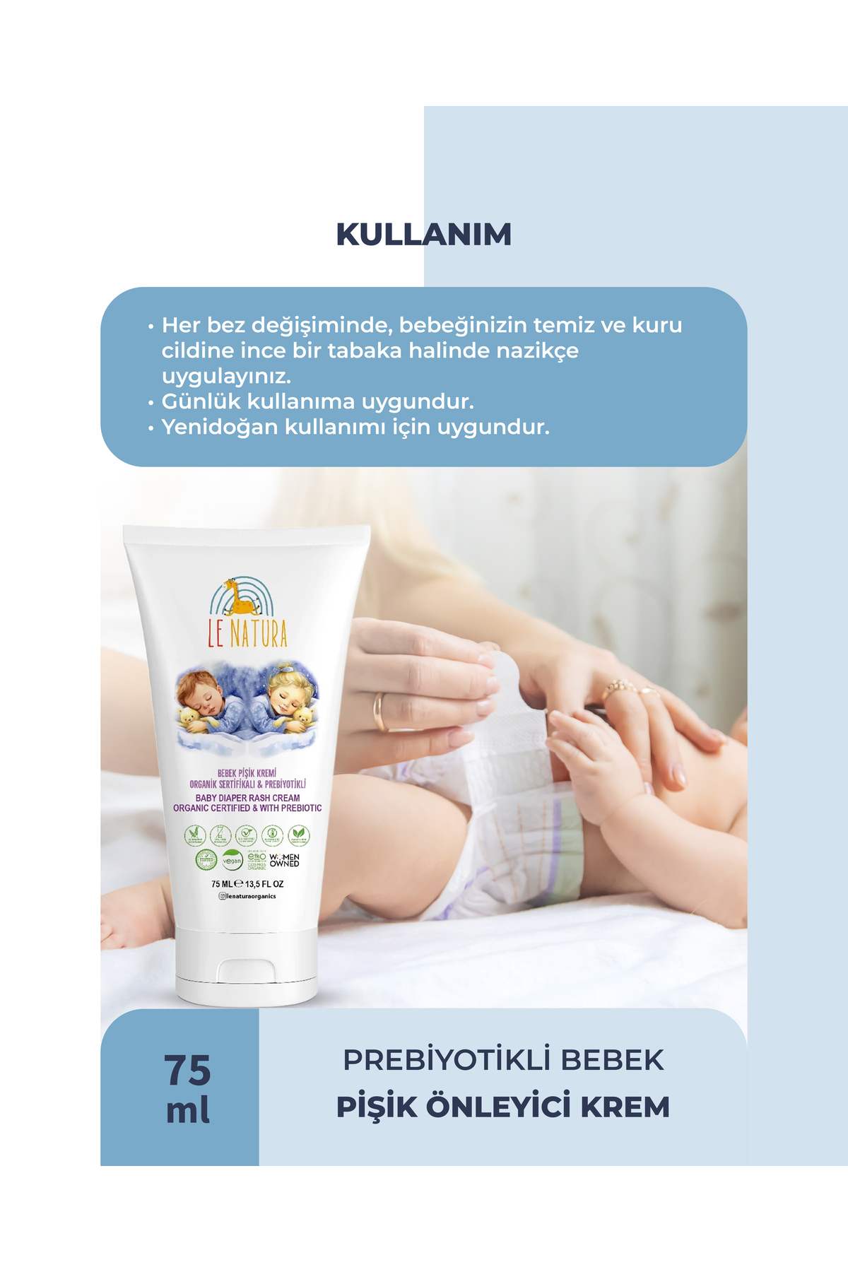 LE NATURA Prebiyotikli Pişik Kremi – 2x 75 ml , Cilt Bariyeri Güçlendirici, Atopik, Hassas ve Yenidoğan Uyumlu fotoğrafı 5 (önizleme)