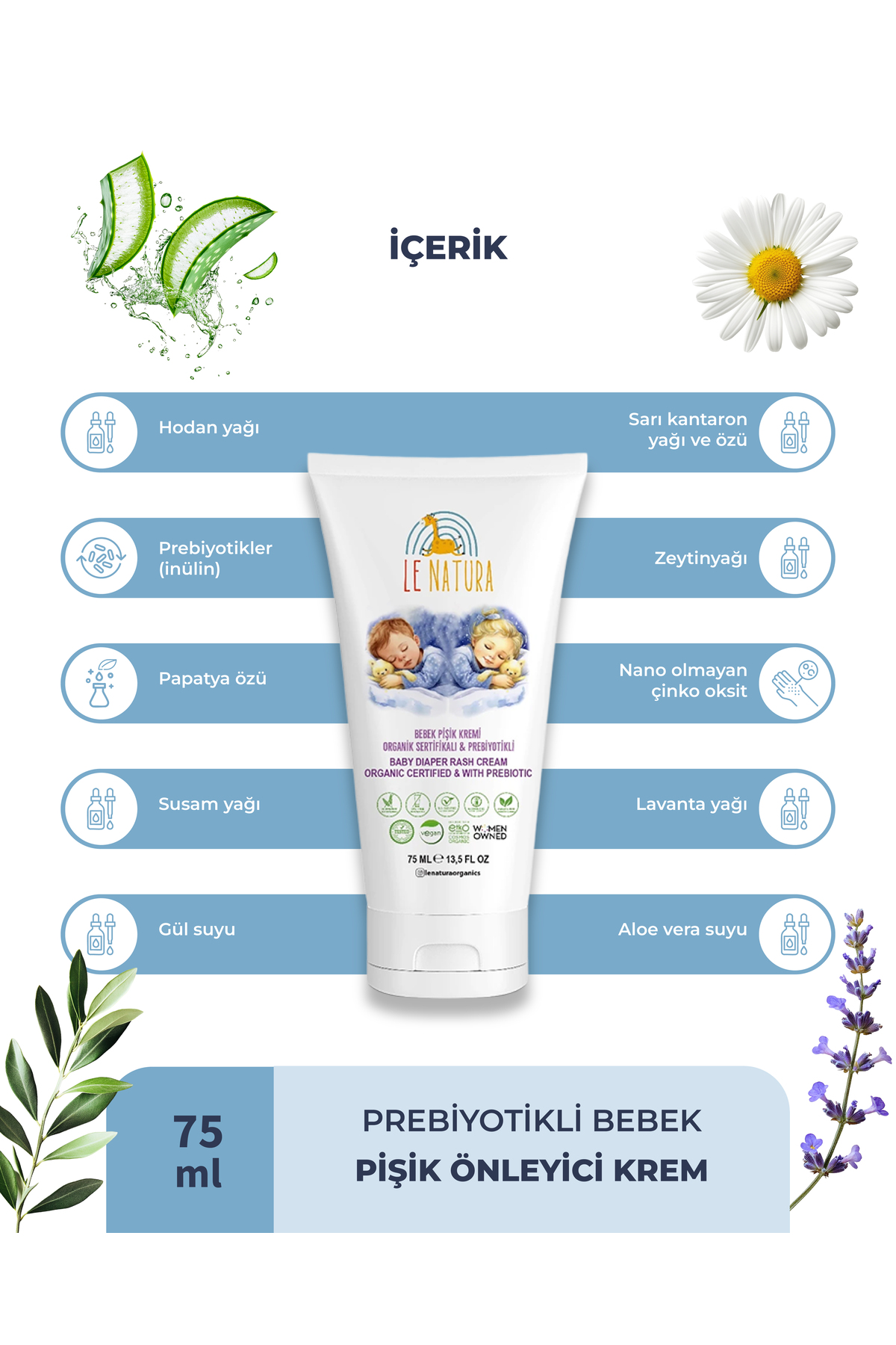 LE NATURA Bebek Pişik Önleyici Krem - 75 ml - Prebiyotikli ve Organik - Anında Yatıştırma ve Hızlı Onarım fotoğrafı 2 (önizleme)