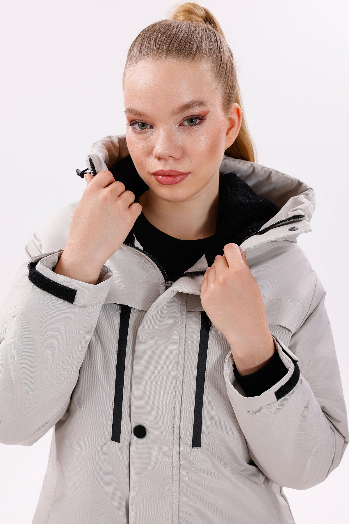 freemen  Kadın Taş Polarlı Kürklü Su Ve Rüzgar Geçirmez Kapüşonlu Kışlık Regülar Kalıp Mont & Kaban & Parka - Görsel 5