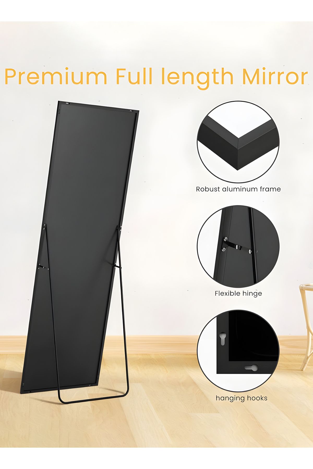 Taimi-Large Mirror With Elegant Design 155x45 Cm-full Length Mirror With Black Metal Frame And Back Stand 8