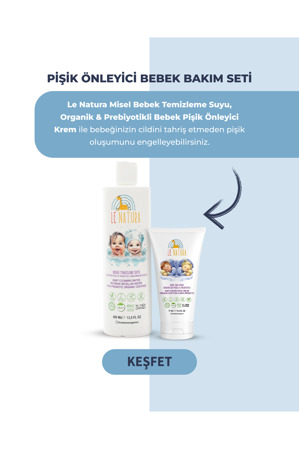 LE NATURA Durulanmayan Bebek Miseler Temizleme Suyu 400 ml - Prebiyotikli, Organik ve Vegan Sertifikalı fotoğrafı 7 (önizleme)