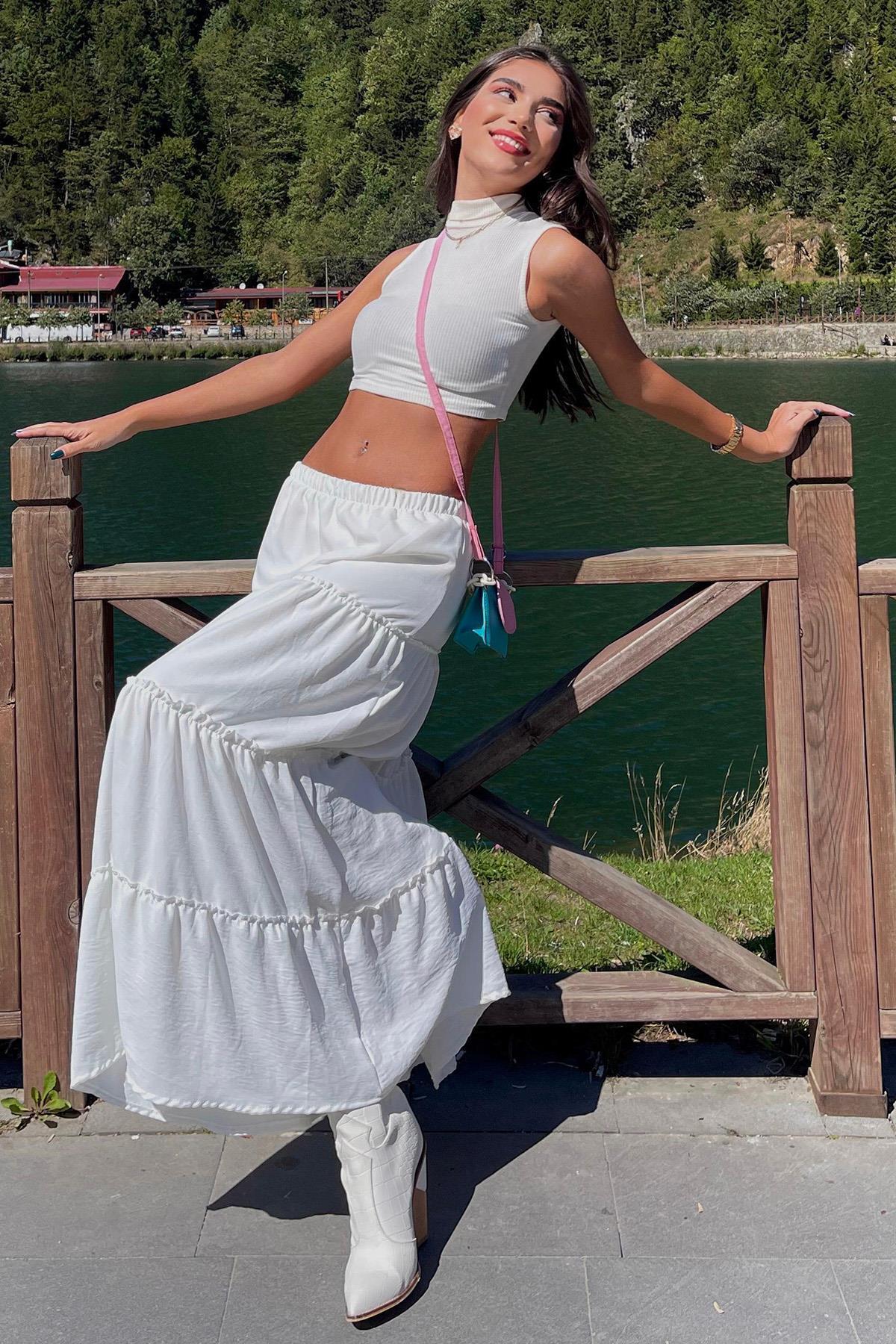 Madmext  Beyaz Basic Pileli Kadın Uzun Etek - Görsel 5