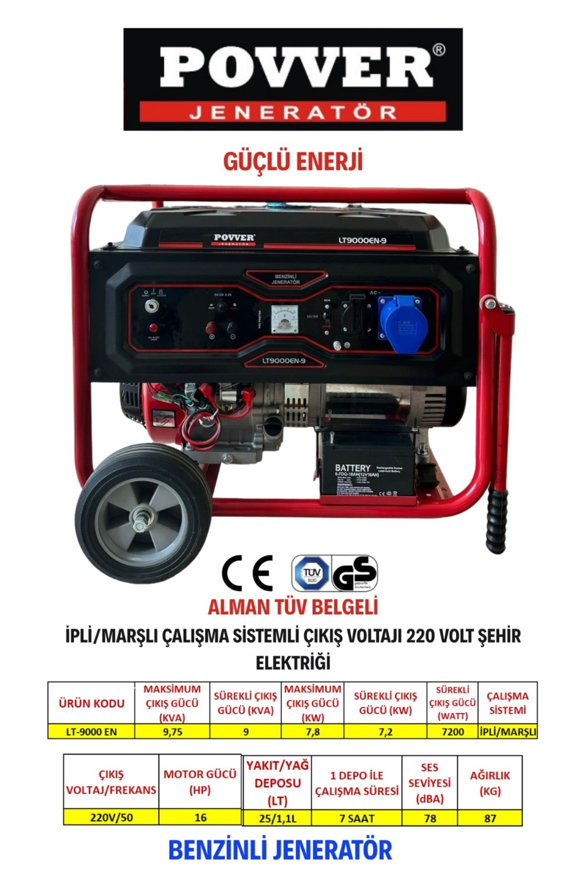 POWER Lt9000 En 9,75 Kva Benzinli Jeneratör Ipli Marşlı - Fiyatı