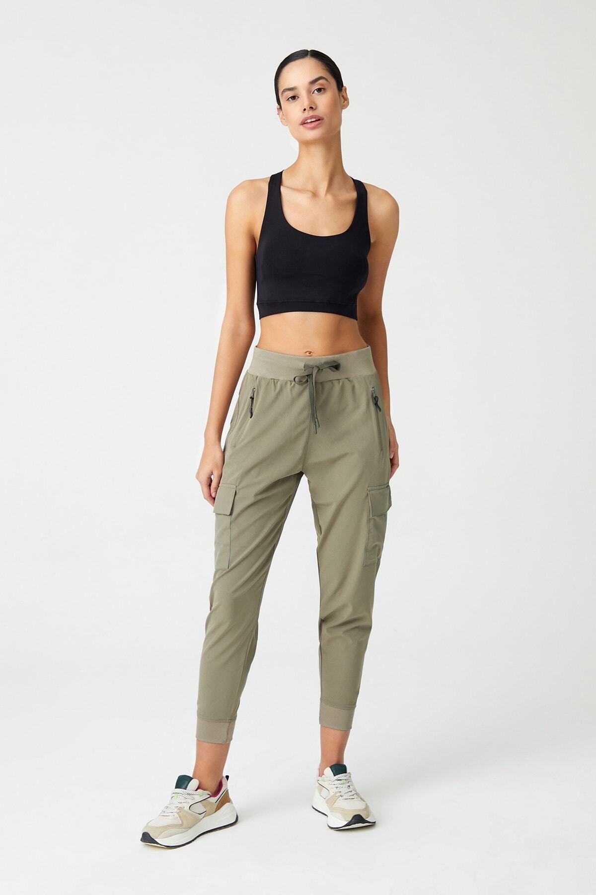 Los Ojos-Khakifarbene Cargo-Jogginghose für Damen mit Taschen, elastischem Bund und Cargo-Beinen 3