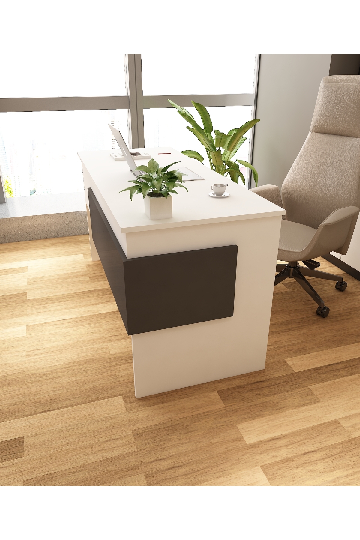 Karen 60x144 Çalışma Masası Ofis Masası Bilgisayar Masası| Beyaz - Antrasit 2