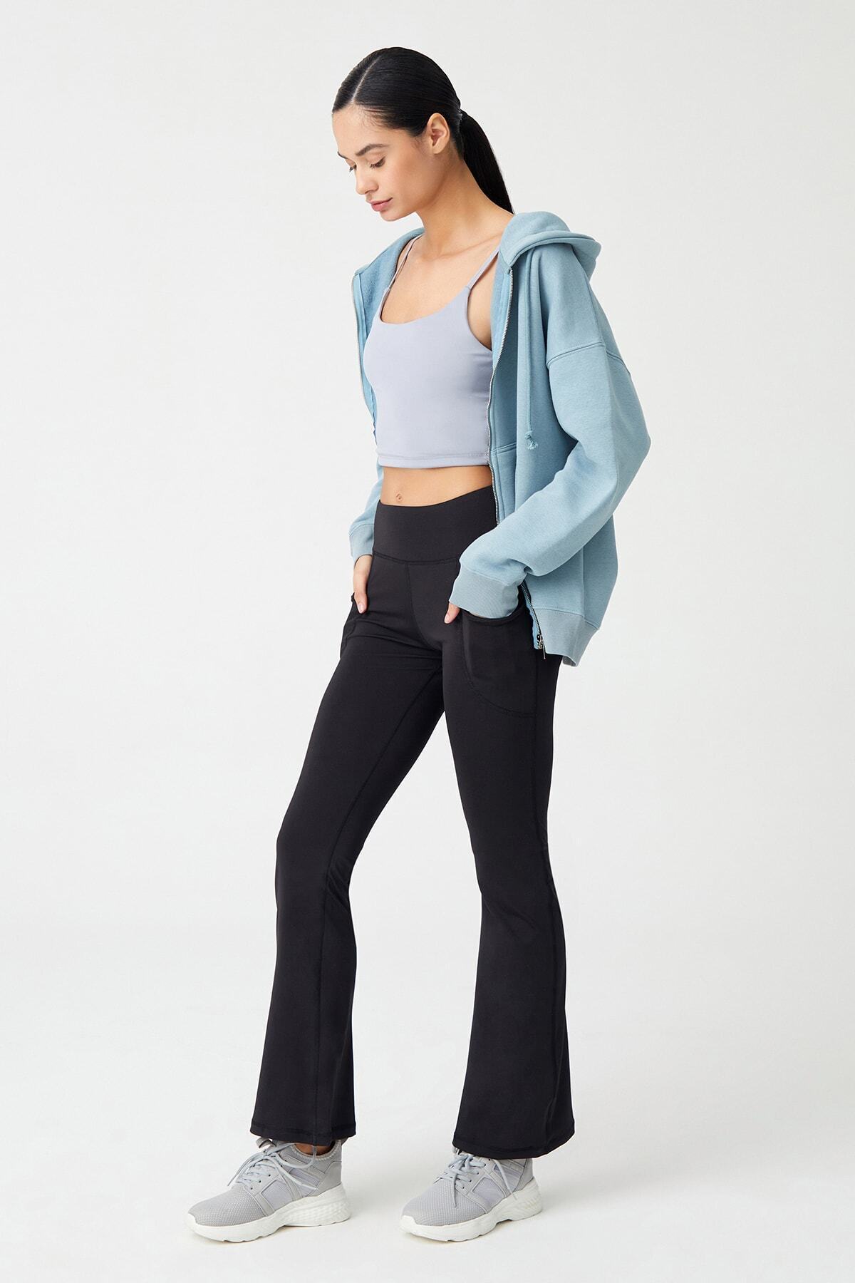 Los Ojos  Kadın Siyah Yüksek Bel Toparlayıcı Çift Cepli Ispanyol Paça Tayt Bootcut - Görsel 7