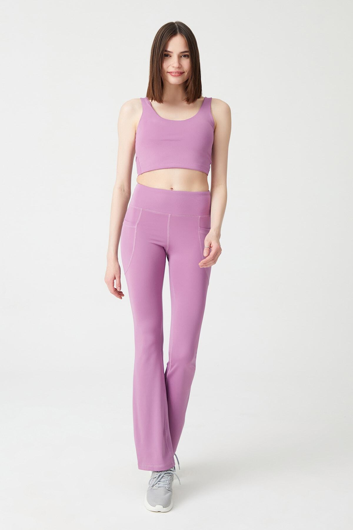 Los Ojos  Kadın Lavanta Yüksek Bel Toparlayıcı Çift Cepli Ispanyol Paça Tayt Bootcut - Görsel 6