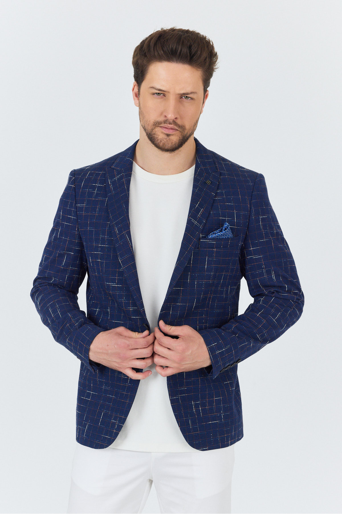 Frappoli  Modero Erkek Lacivert-Bordo Ekose Kareli Polyviskon Kumaşlı Slim Fit Dar Kesim Spor Blazer Ceket - Görsel 2