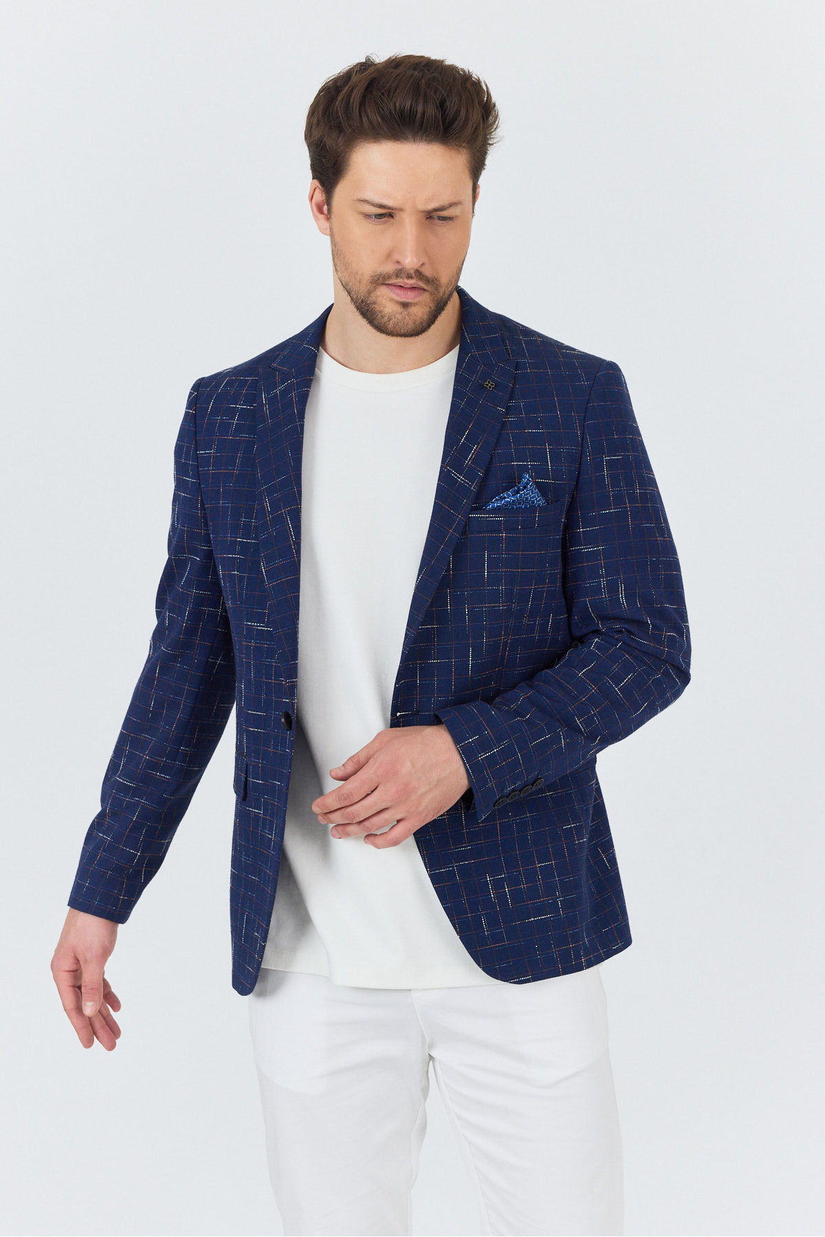 Frappoli  Modero Erkek Lacivert-Bordo Ekose Kareli Polyviskon Kumaşlı Slim Fit Dar Kesim Spor Blazer Ceket - Görsel 5