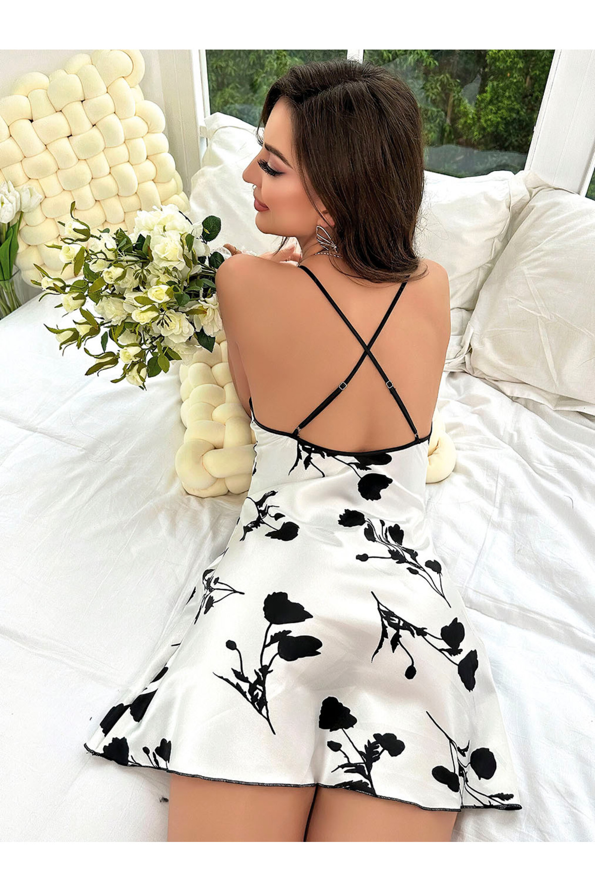 WİYONA Kadın Beyaz Desenli Saten Gecelik