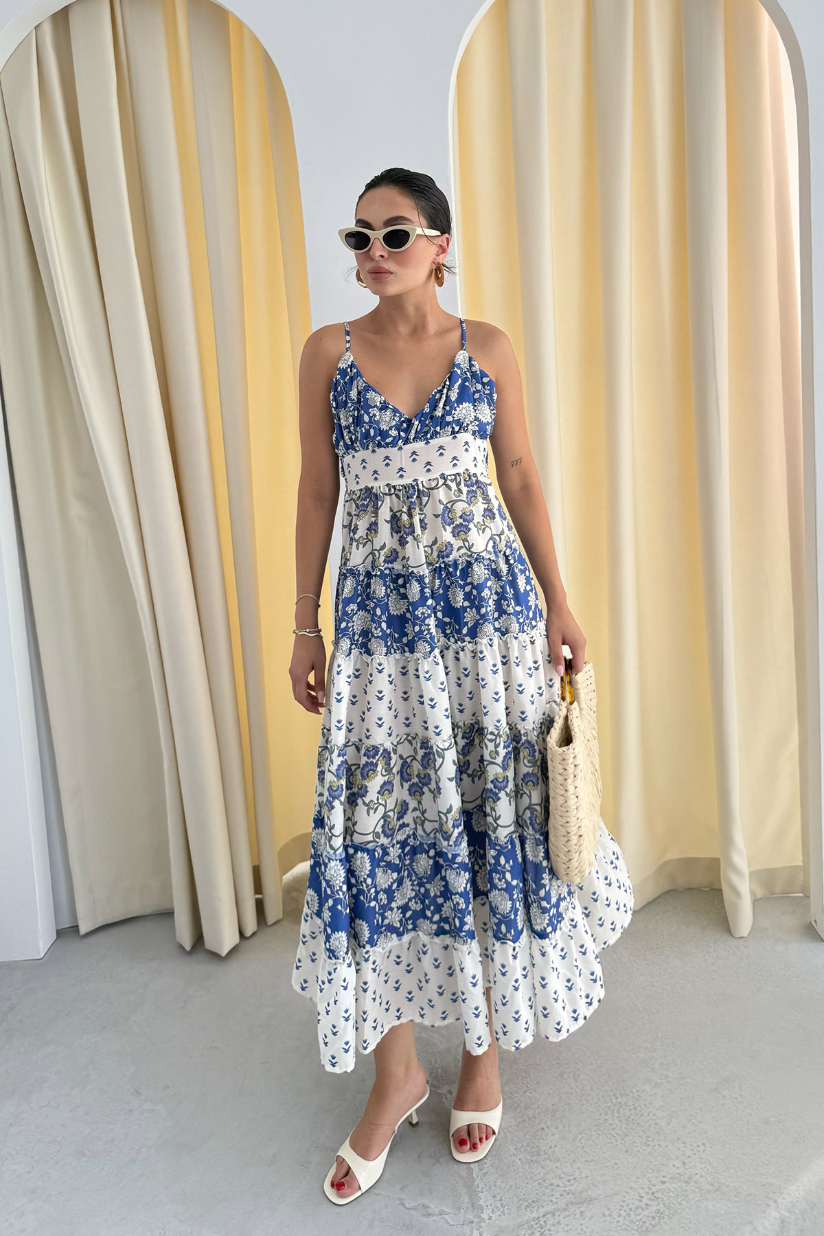 Seda Yalçın Atelier-Blue Patterned Gipeli Midi Length Dress 2