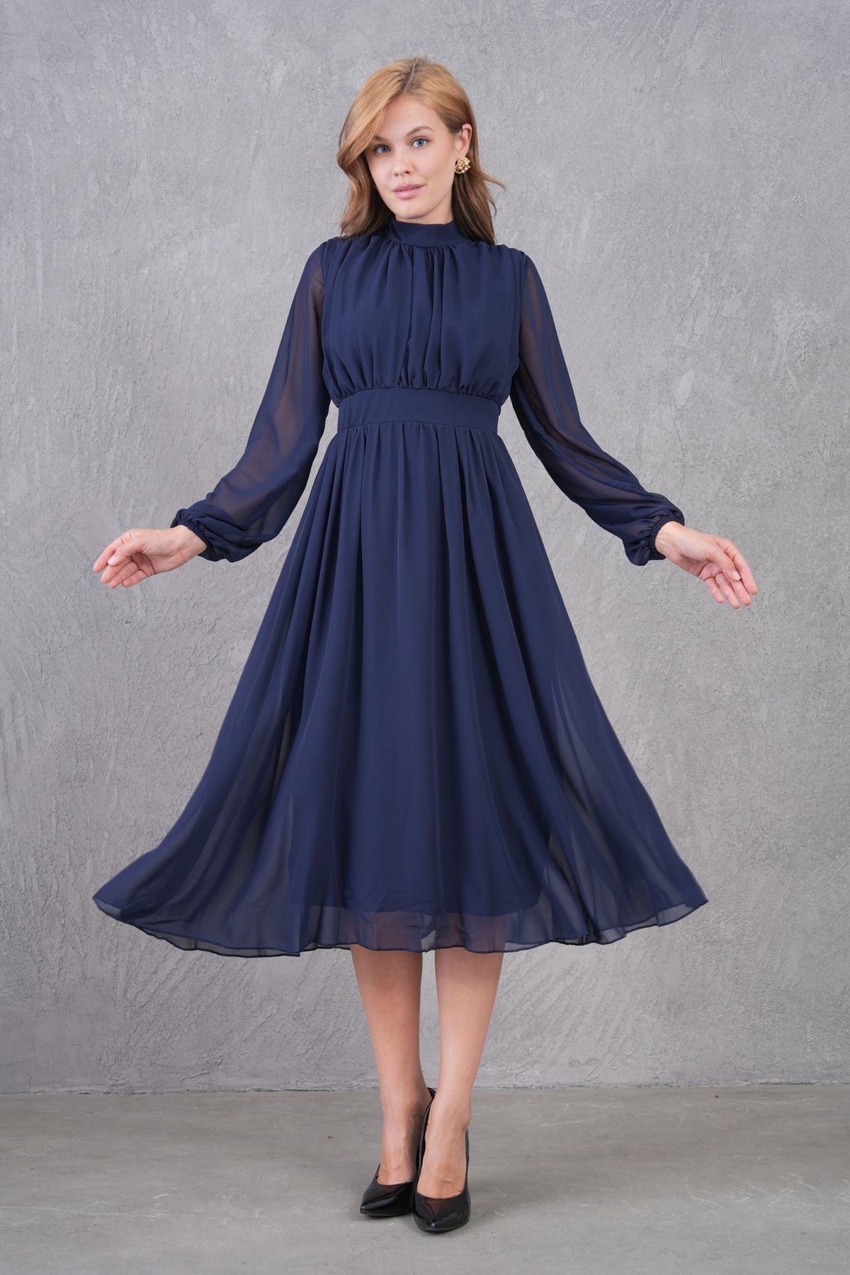 bayansepeti-Rochie midi plisată cu mâneci lungi, cu guler ridicat, căptușită cu țesătură din șifon, albastru bleumarin, 094 6