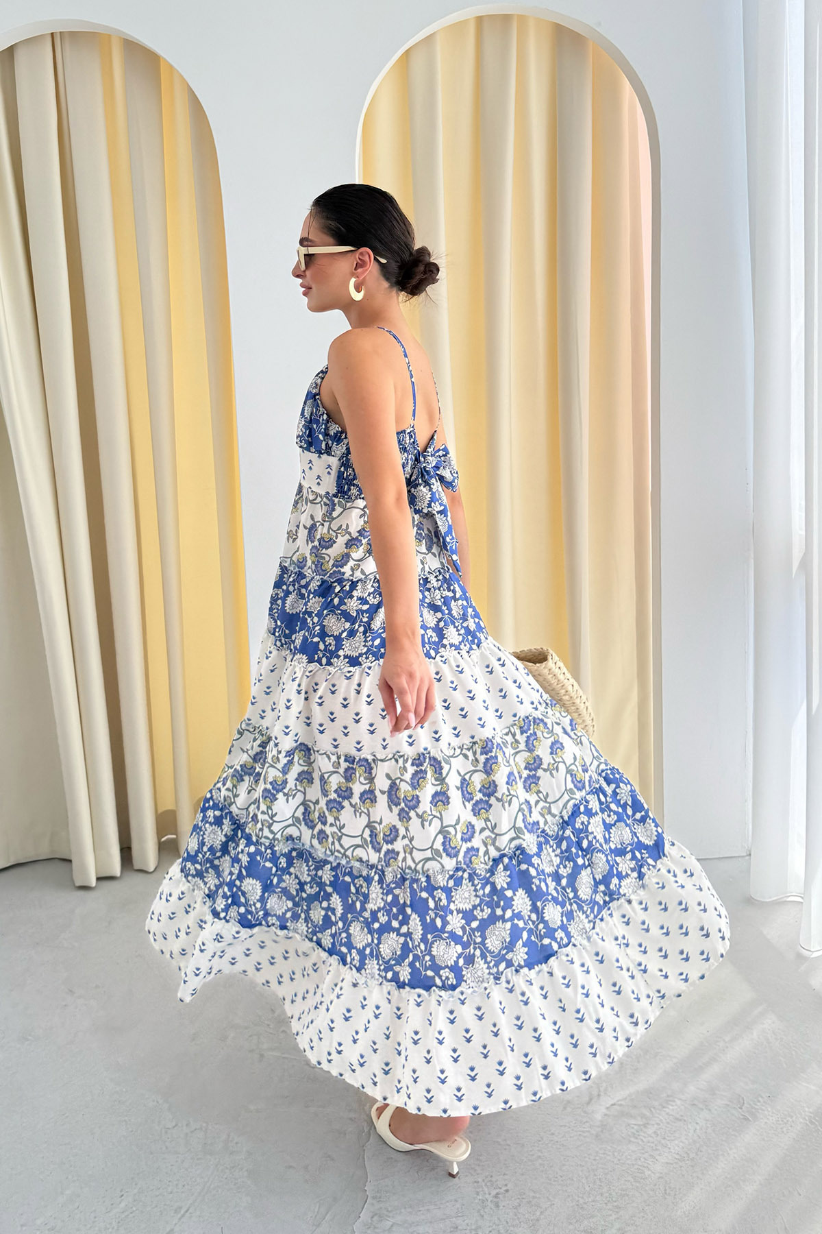 Seda Yalçın Atelier-Blue Patterned Gipeli Midi Length Dress 3