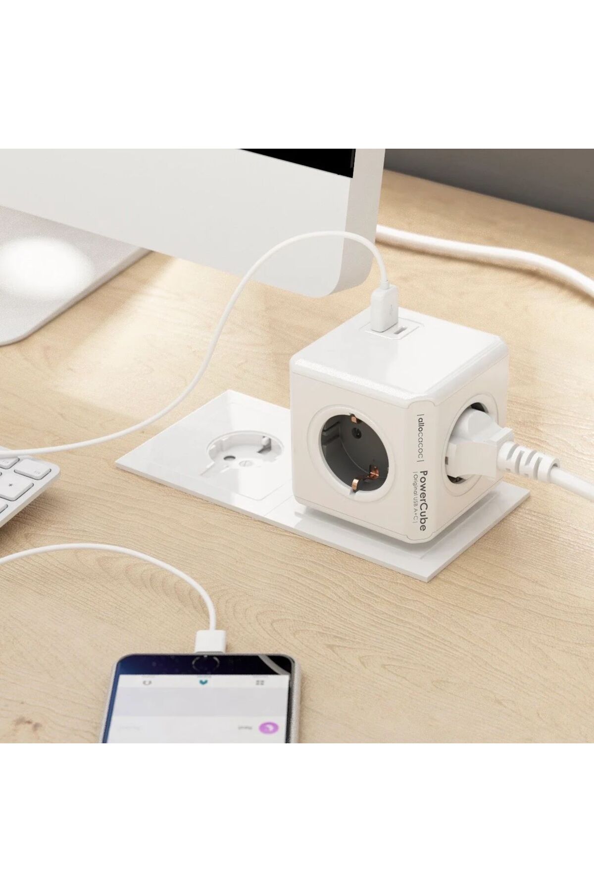 Allocacoc-Cubic extension cord, Powercube by Allocacoc, USB-C, 4 sockets, white/gray 2