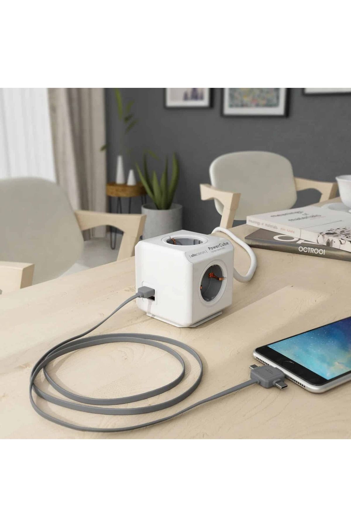 Allocacoc-Cubic extension cord, Powercube by Allocacoc, 2xUSB, 4 sockets, 3m, white/grey 2