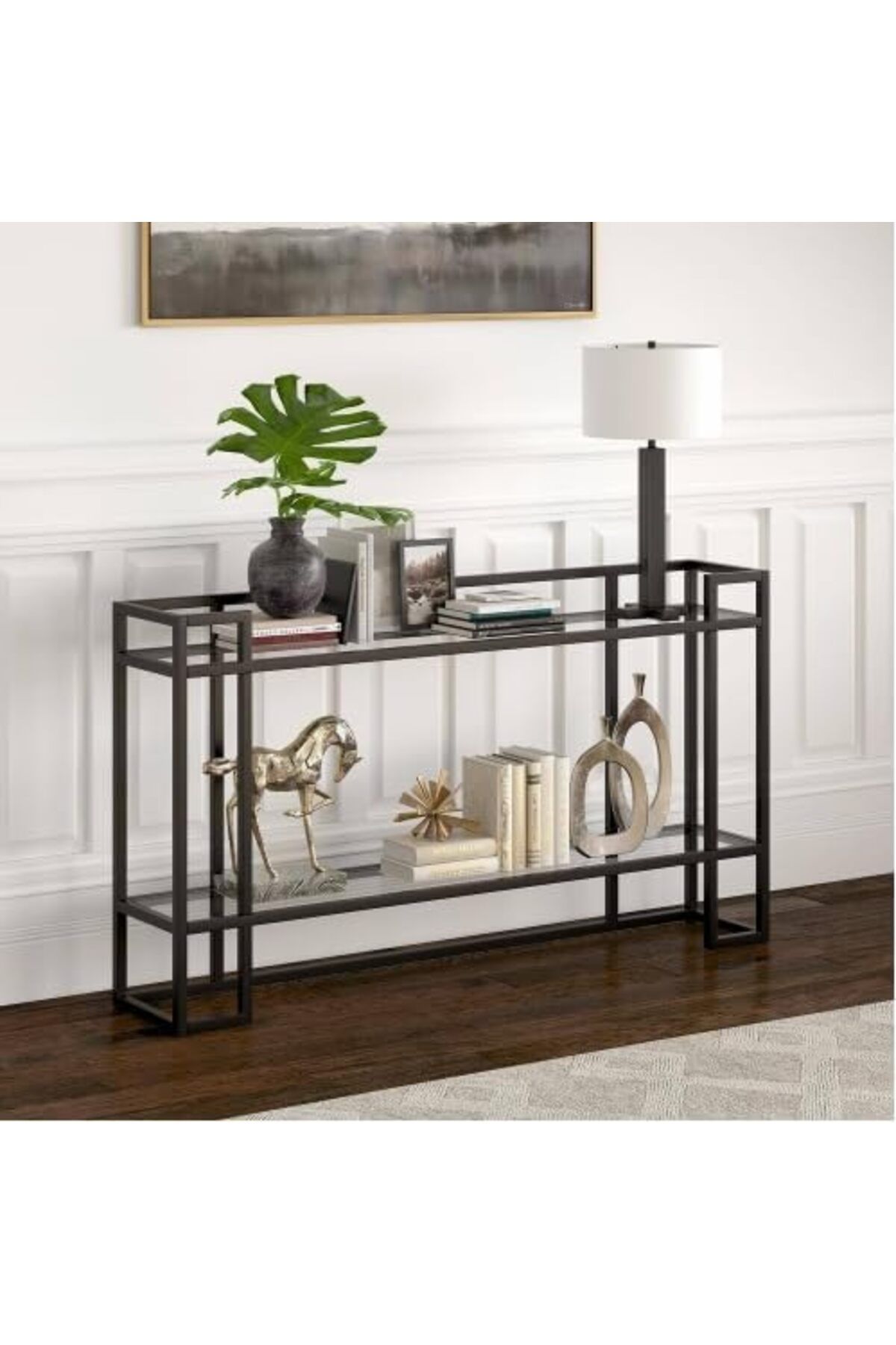 genric-FFD Glass Console Table Metal Console Table with Dual Clear Glass Shelve Entryway Table Narrow 6
