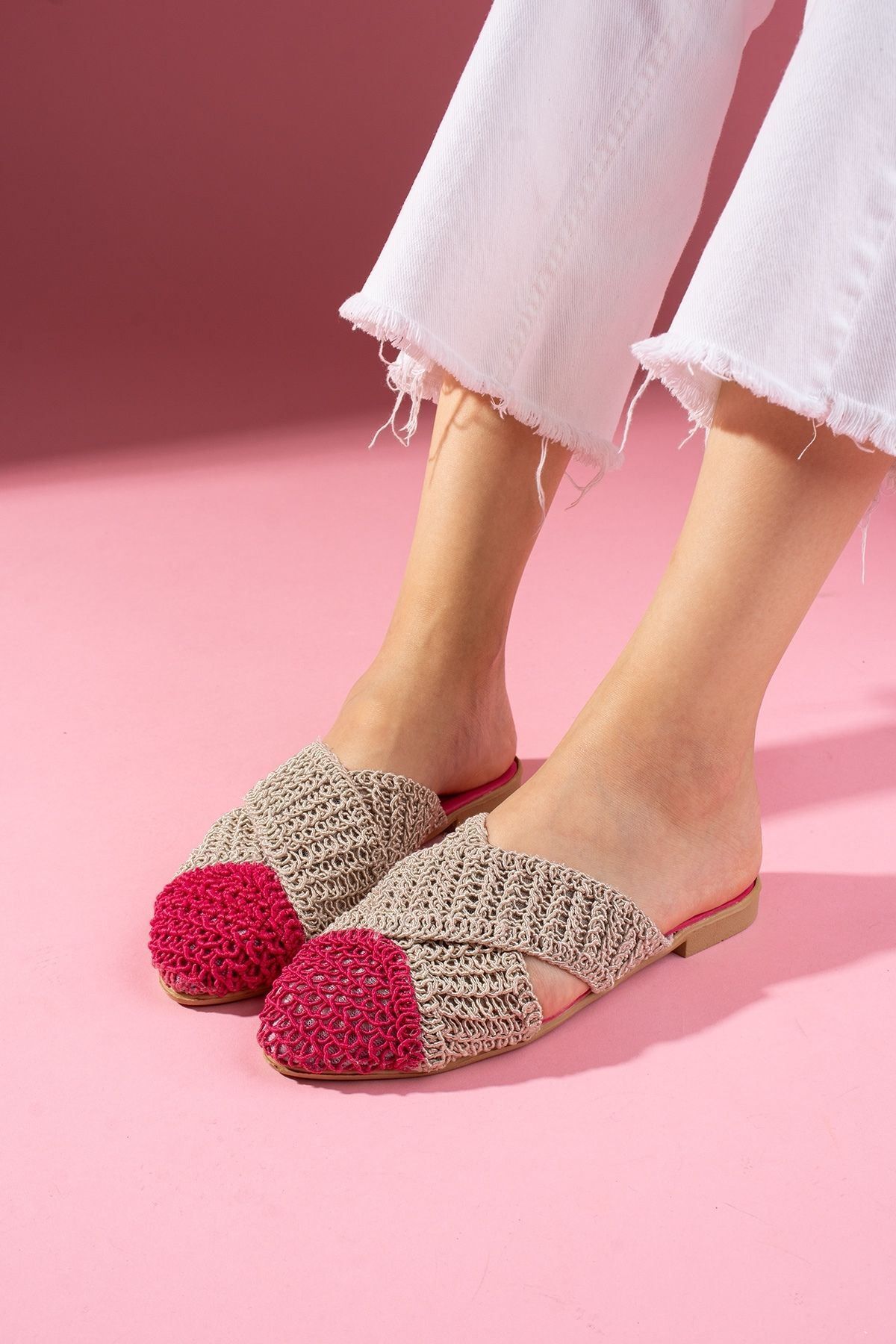 FUGA MODA-Simpa Fuchsia Mink Two-Color Closed Front Cross Tape Detailed Knitted Knitwear Slippers 2