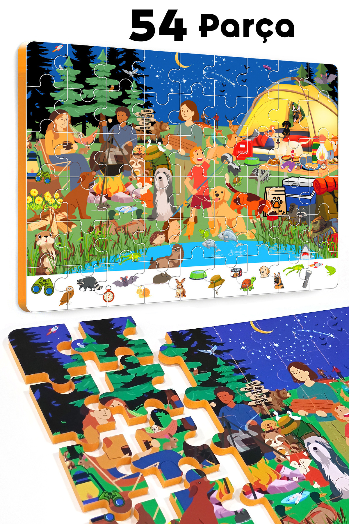 EVAKANCA 54 Parçalı Ara-Bul Kalın Çocuk Puzzle Yapboz Gece Kampı