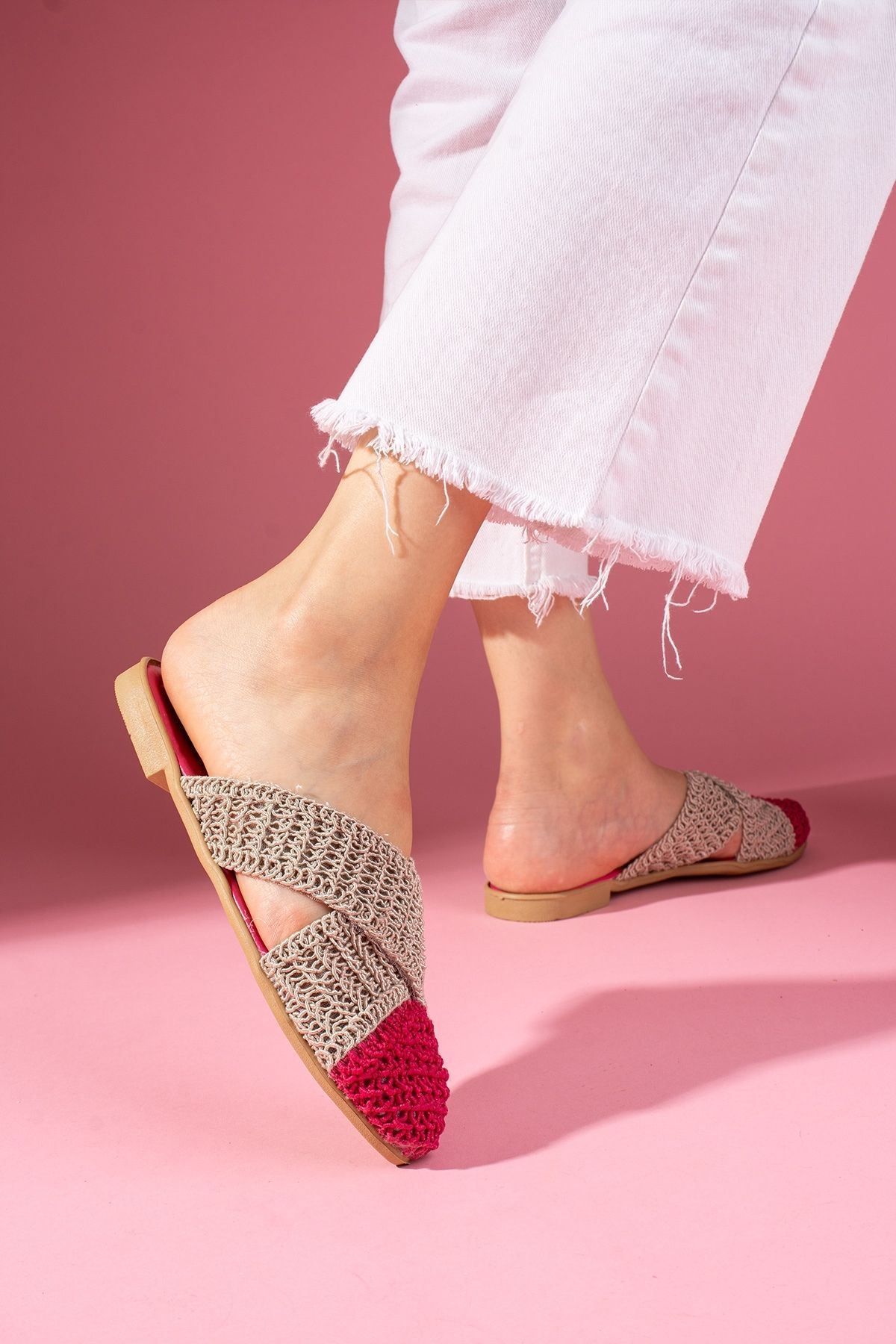 FUGA MODA-Simpa Fuchsia Mink Two-Color Closed Front Cross Tape Detailed Knitted Knitwear Slippers 4