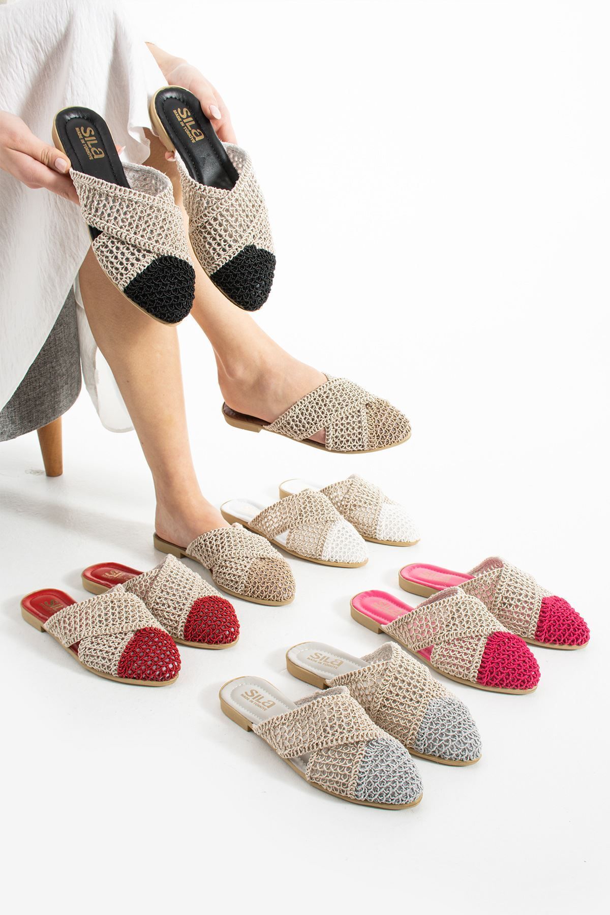 FUGA MODA-Simpa Gray Mink Two-Color Closed Front Cross Tape Detailed Knitted Knitwear Slippers 5