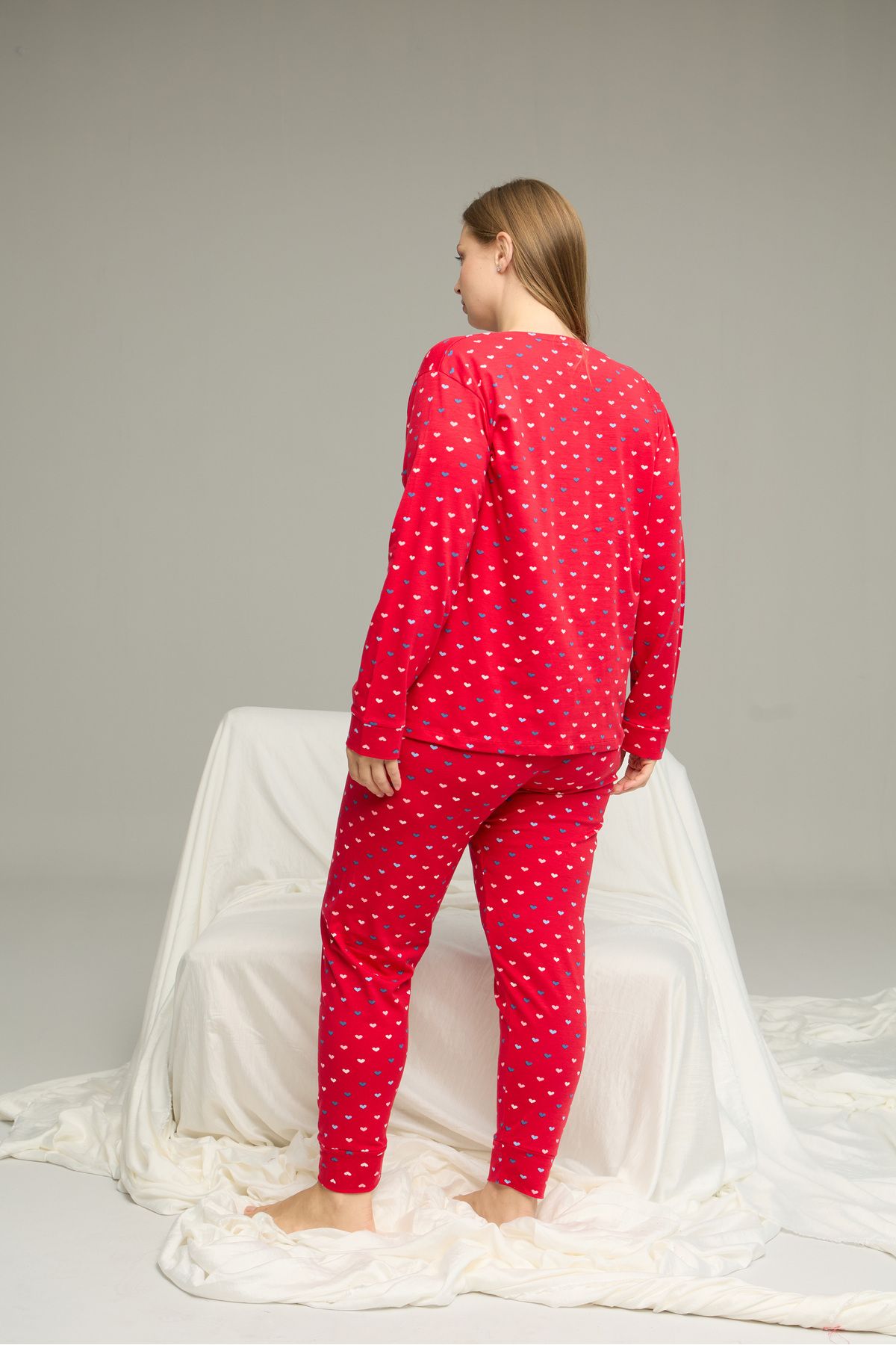 Siyah İnci-Red Pattern Curve Large Size Battal Size Cotton Pajamas Suit25240805 3