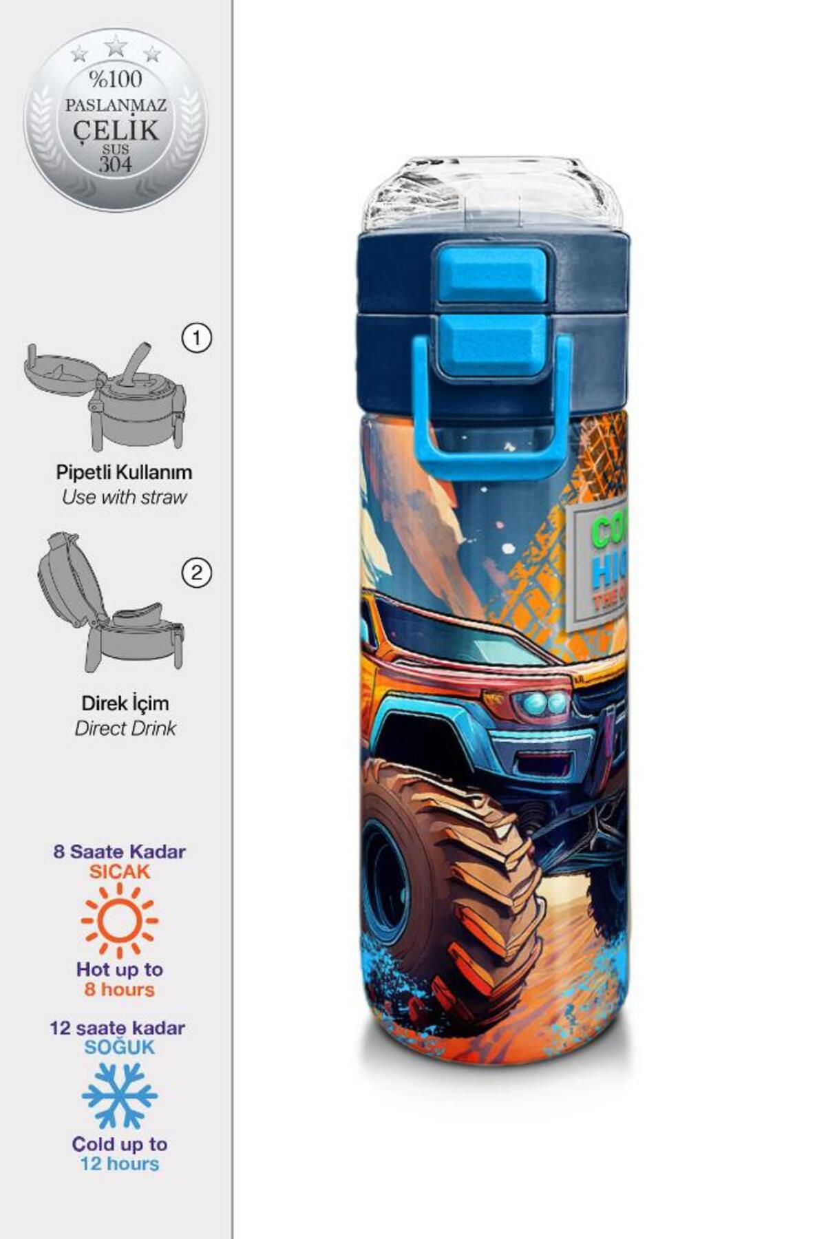 Kids Turuncu High Wheels Truck Desenli Pipetli ve Direkt İçim Çelik Termos 500 ml 31994