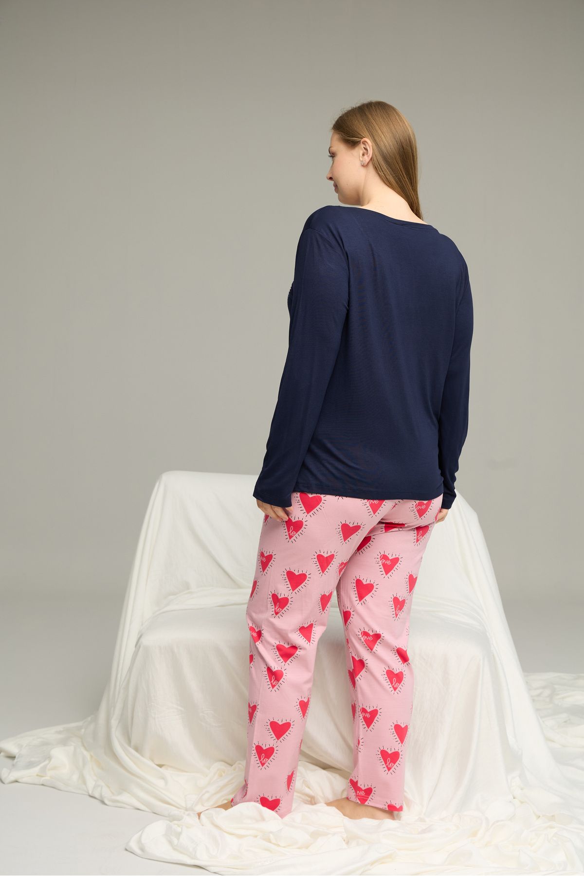 Siyah İnci-Navy Blue Patterned Curve Large Size Battal Size Cotton Pajamas Suit25240767 3