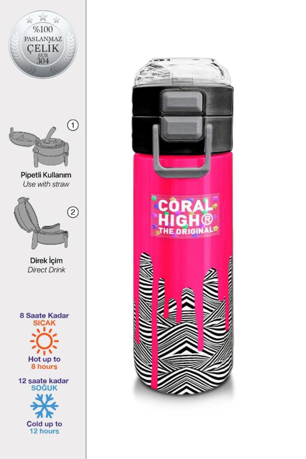 Kids Pembe Siyah Beyaz Desenli Pipetli ve Direkt İçim Çelik Termos 500 ml 31878