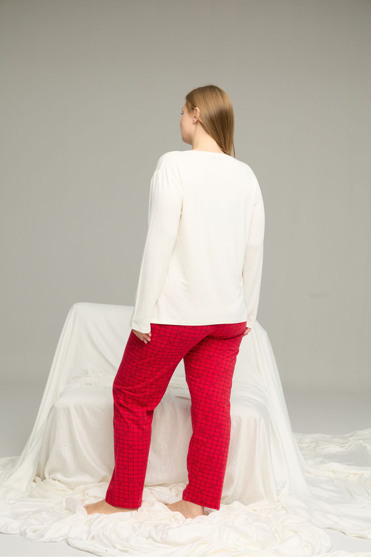 Siyah İnci-Ecru Patterned Curve Large Size Oversized Cotton Pajama Set25240791 3