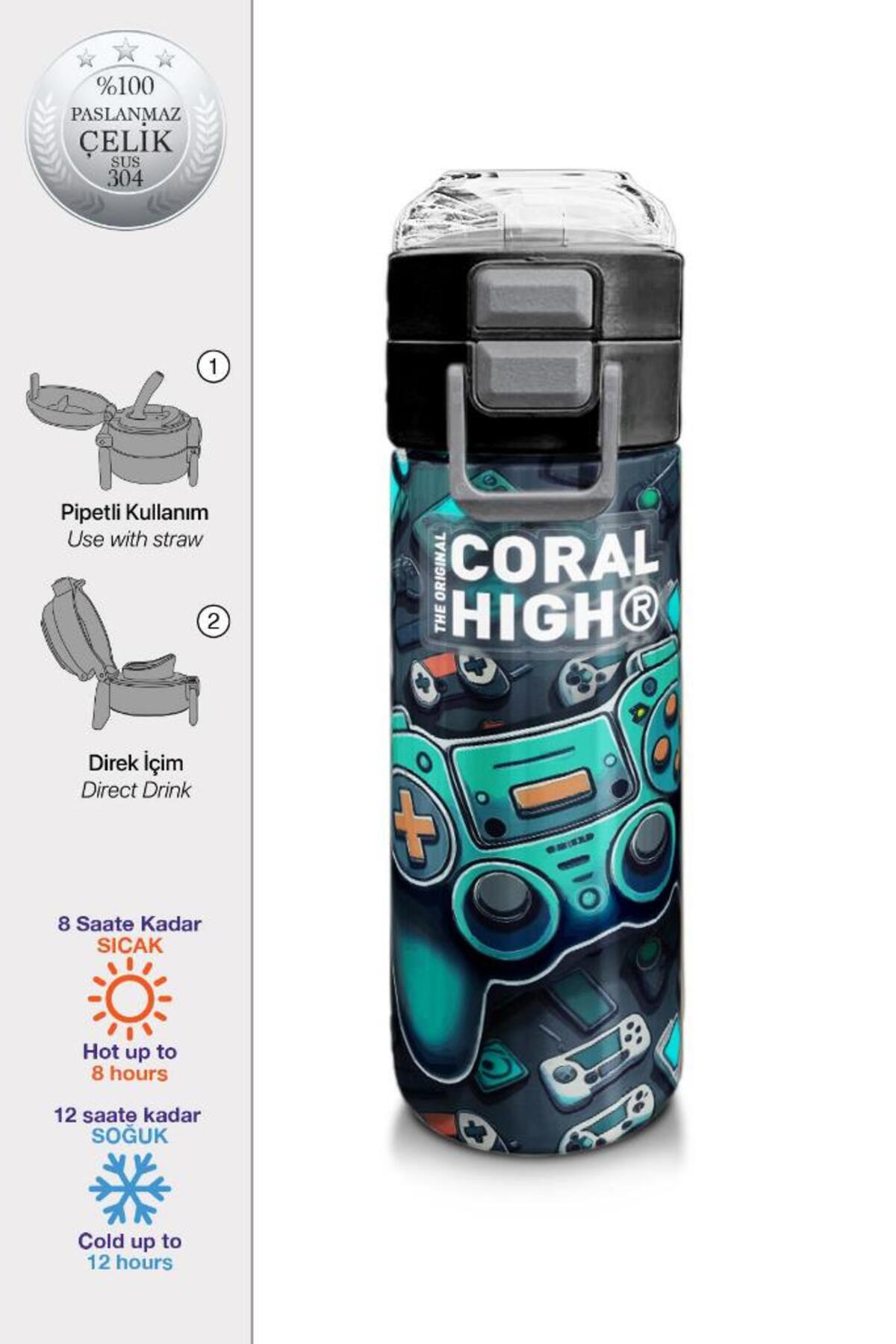 Kids Nefti Gamer Desenli Pipetli ve Direkt İçim Çelik Termos 500 ml 31861