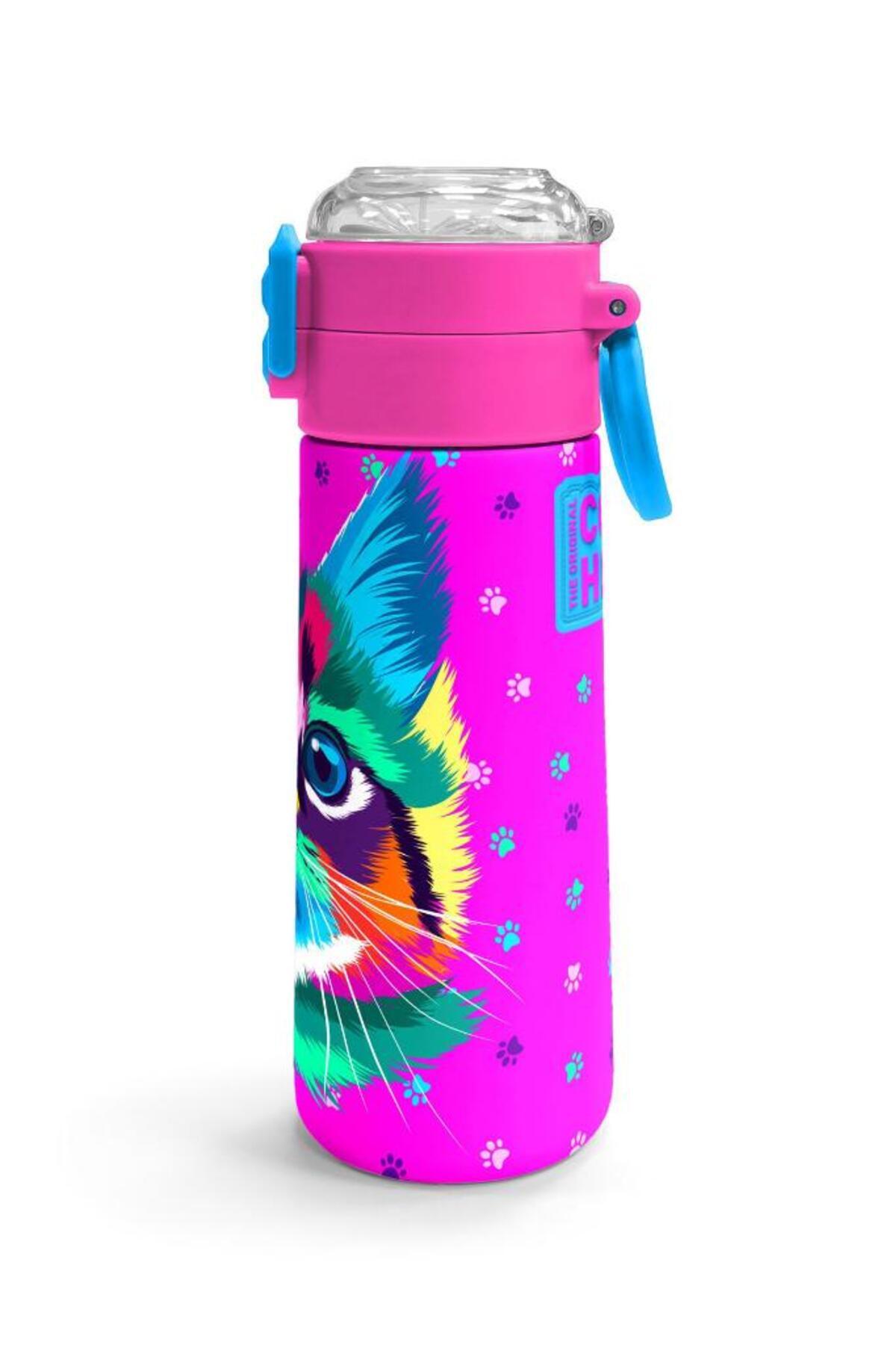 Kids Mor Pembe Kedi Desenli Pipetli ve Direkt İçim Çelik Termos 500 ml 31800