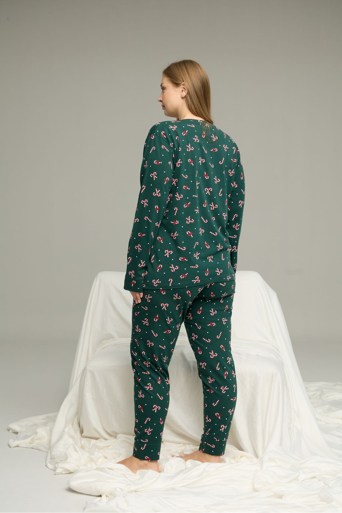 Siyah İnci-Green Pattern Curve Large Size Battal Size Cotton Pajamas Suit25240816 3