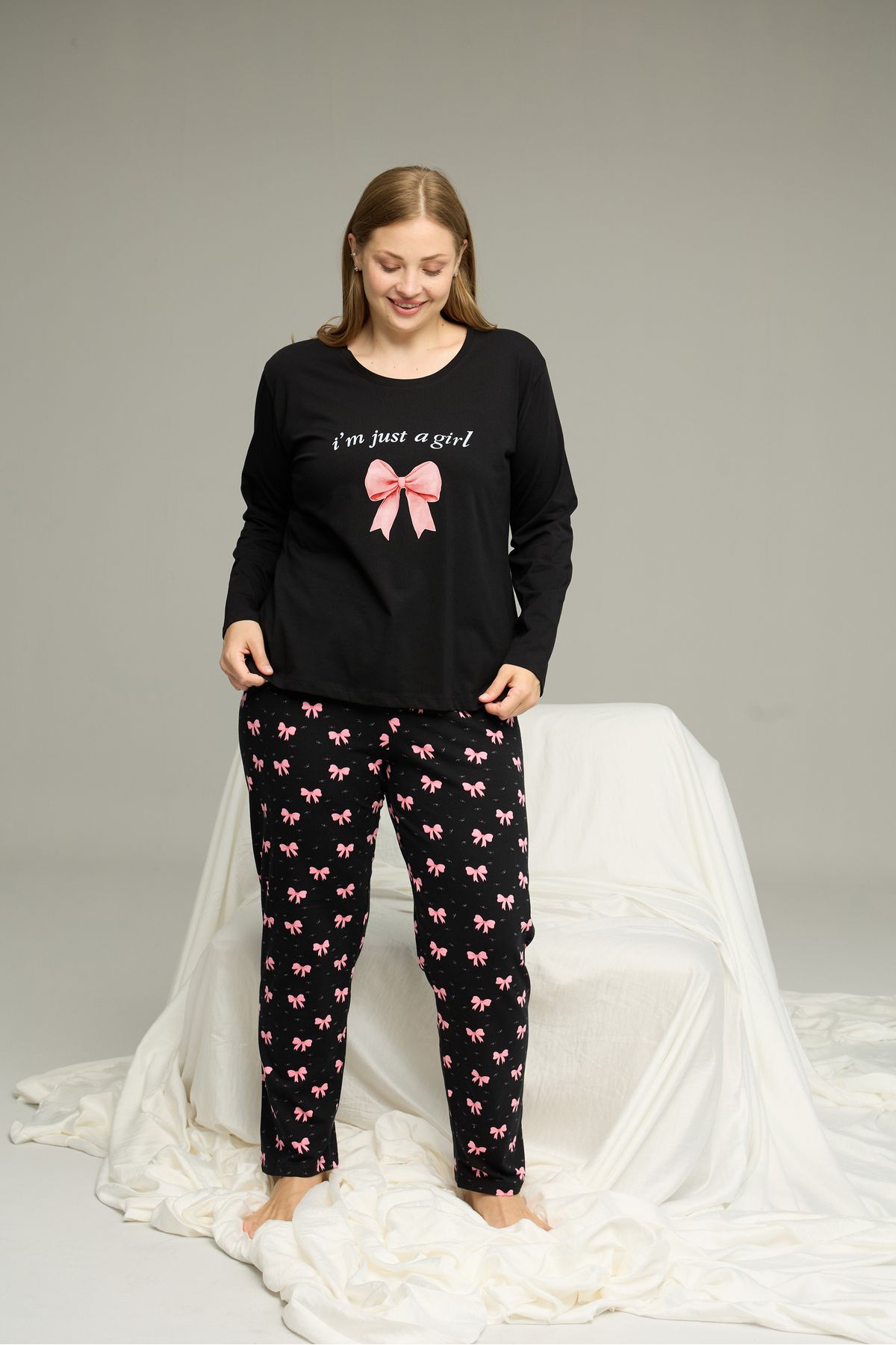 Siyah İnci-Black Pattern Curve Large Size Battal Size Cotton Pajamas Suit25240820 2