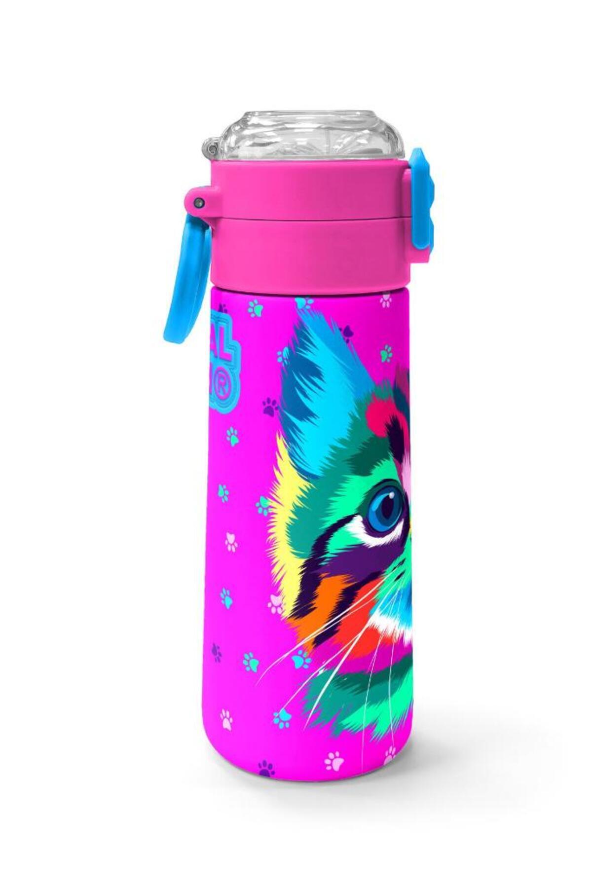 Kids Mor Pembe Kedi Desenli Pipetli ve Direkt İçim Çelik Termos 500 ml 31800