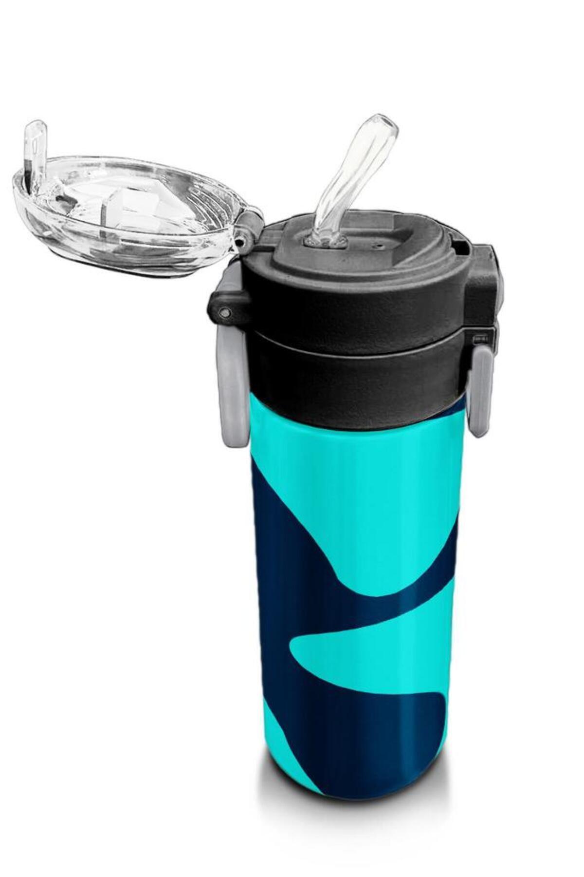 Kids Lacivert Turkuaz Desenli Pipetli ve Direkt İçim Çelik Termos 500 ml 31886
