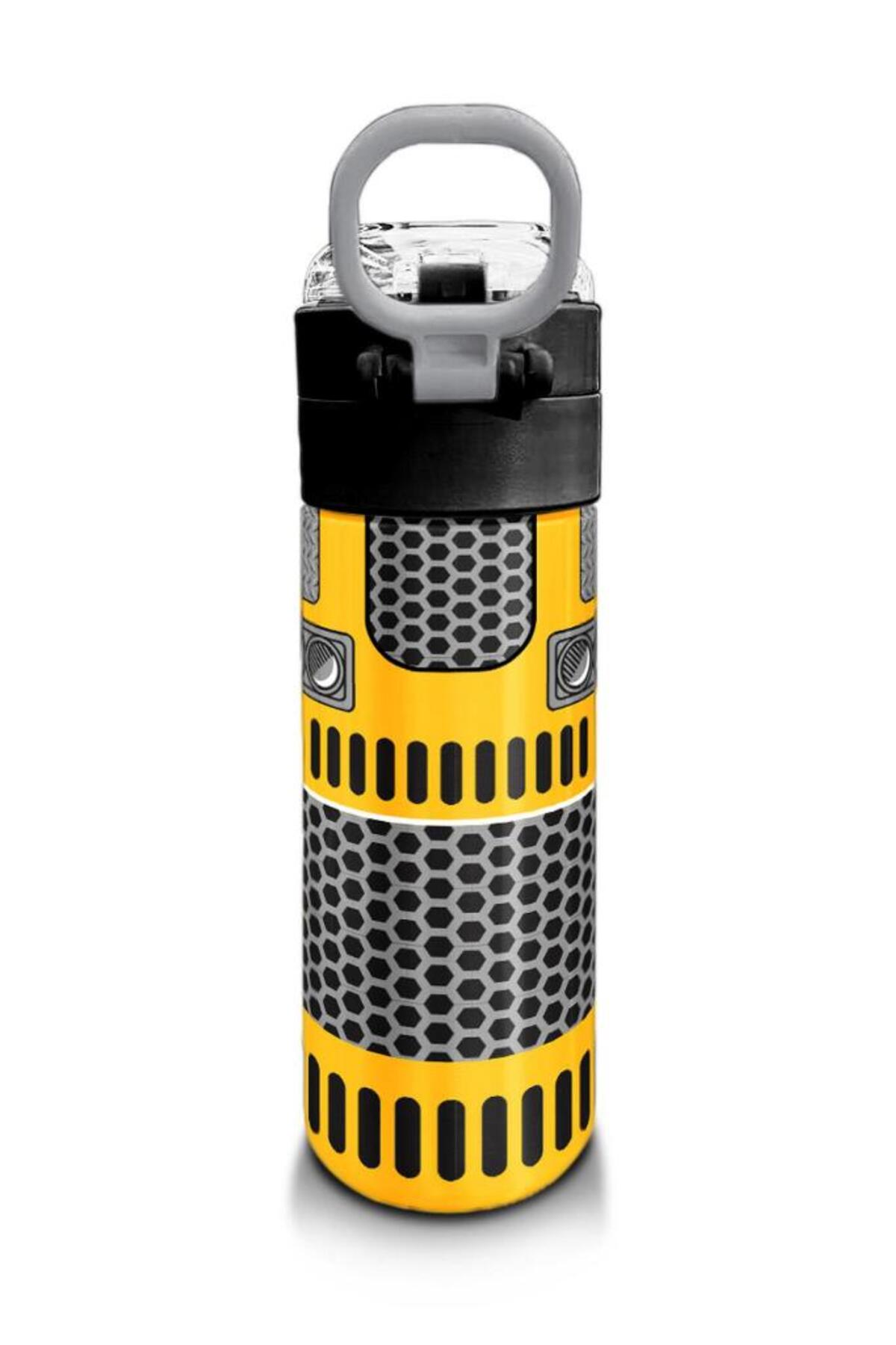 Kids Sarı Siyah Robot Desenli Pipetli ve Direkt İçim Çelik Termos 500 ml 31862