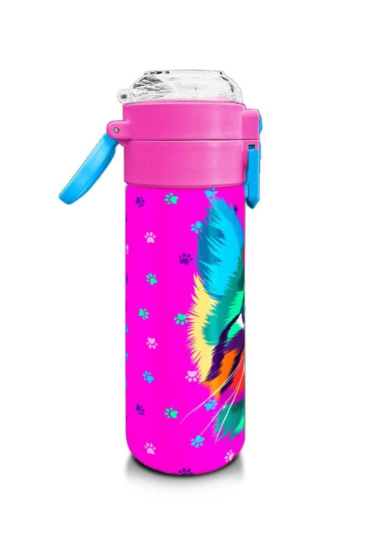 Kids Mor Pembe Kedi Desenli Pipetli ve Direkt İçim Çelik Termos 500 ml 31800