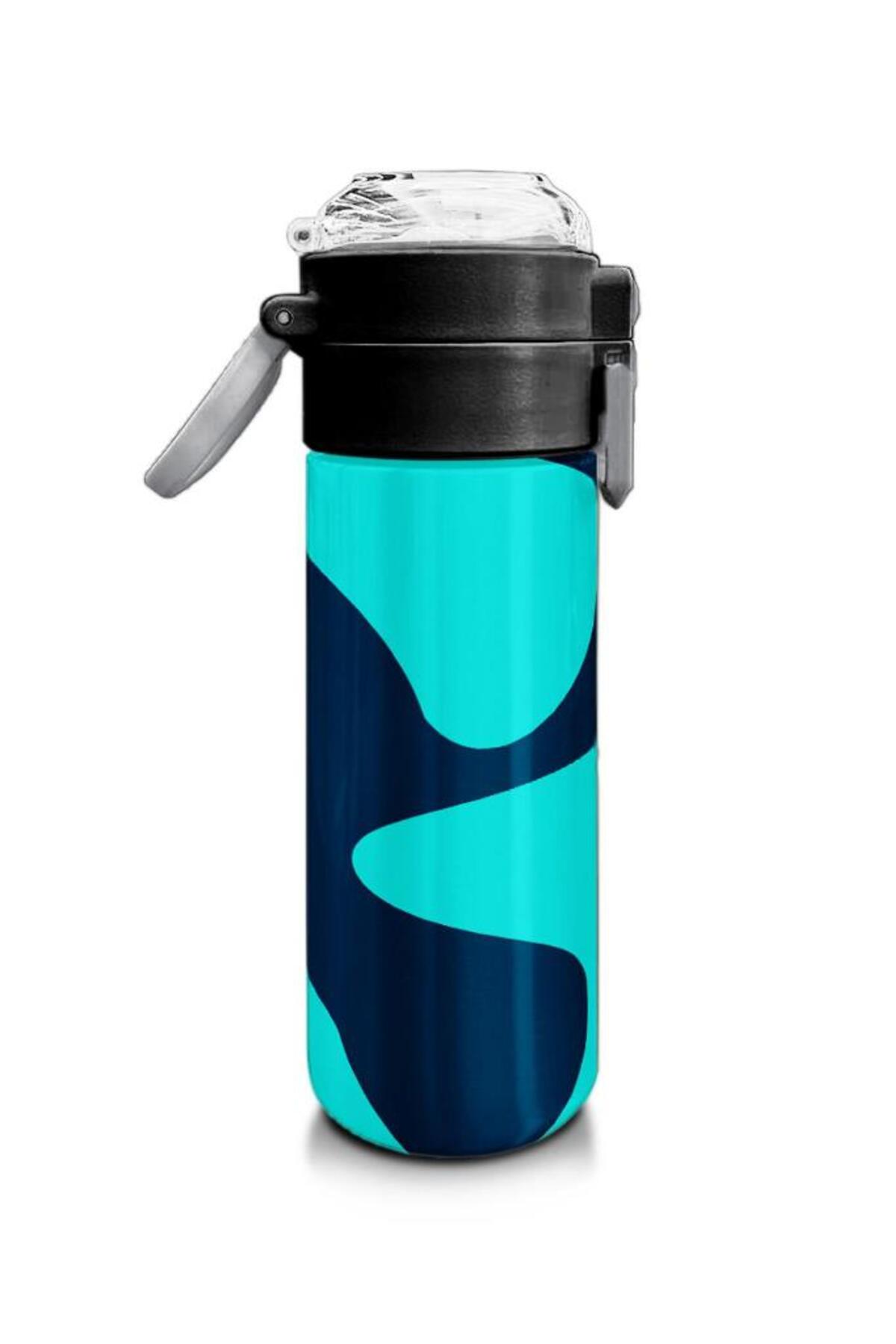 Kids Lacivert Turkuaz Desenli Pipetli ve Direkt İçim Çelik Termos 500 ml 31886