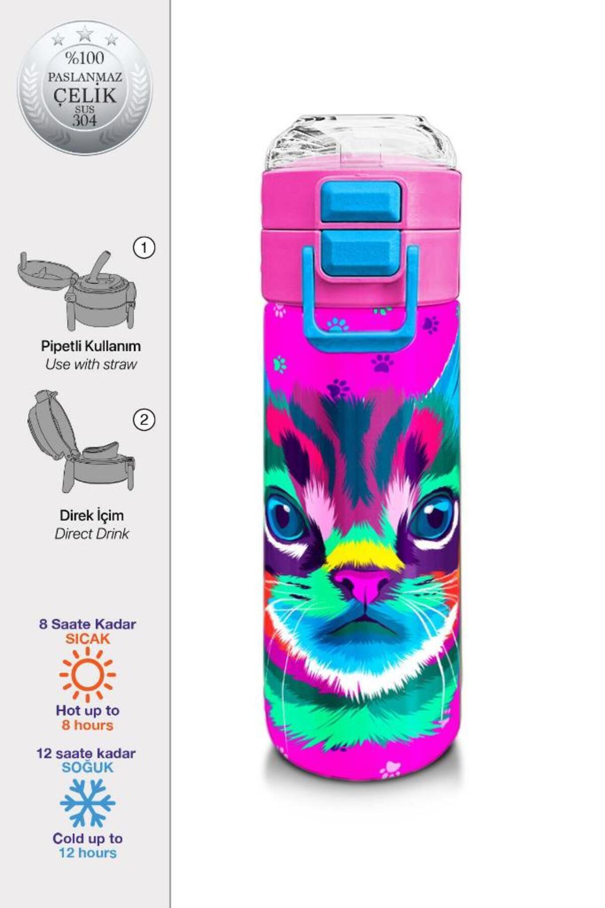 Kids Mor Pembe Kedi Desenli Pipetli ve Direkt İçim Çelik Termos 500 ml 31800