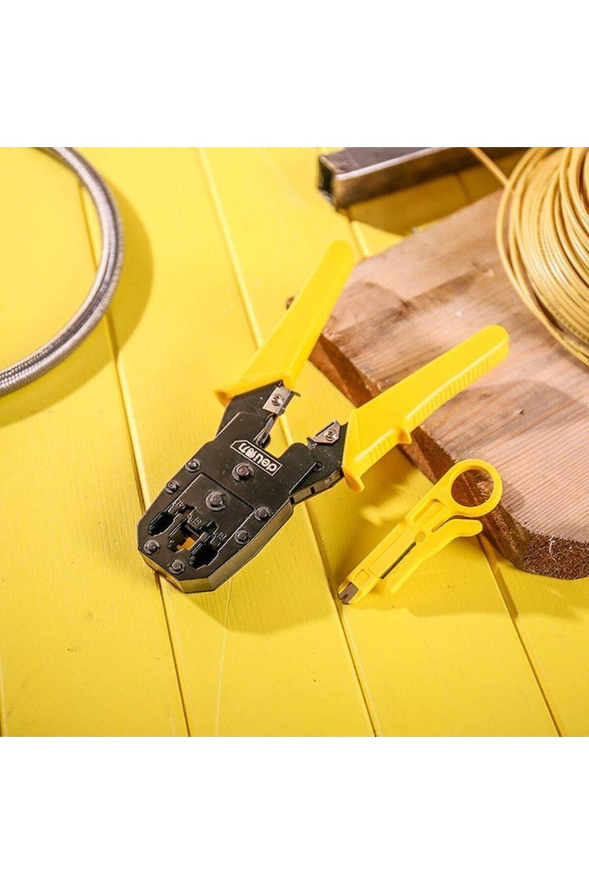 Deli-Clește de sertizare pentru cabluri Ethernet RJ45, galben, include unealtă de dezizolare și 6 conectori 3