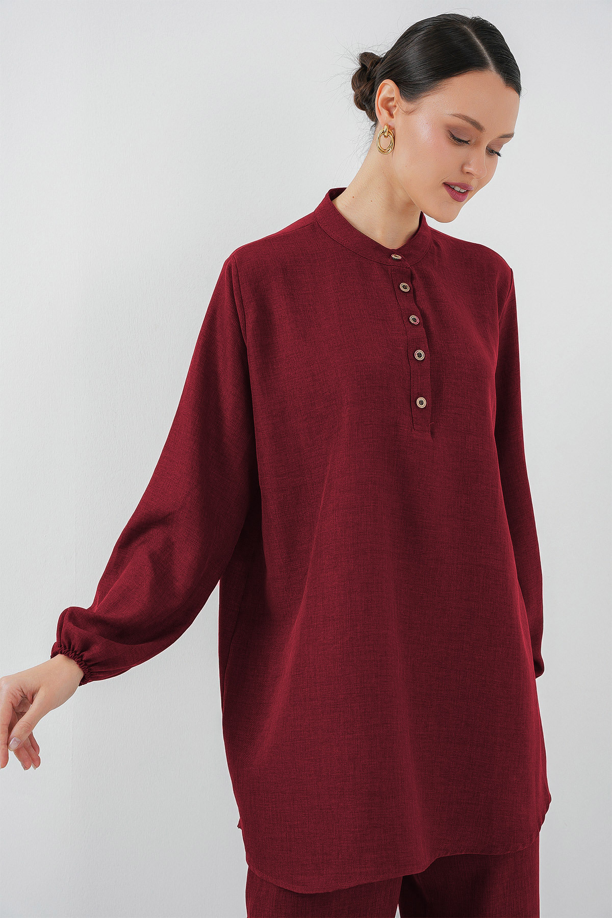Bigdart-6678 Linen Tunic Trousers Double Set - Claret Red 2