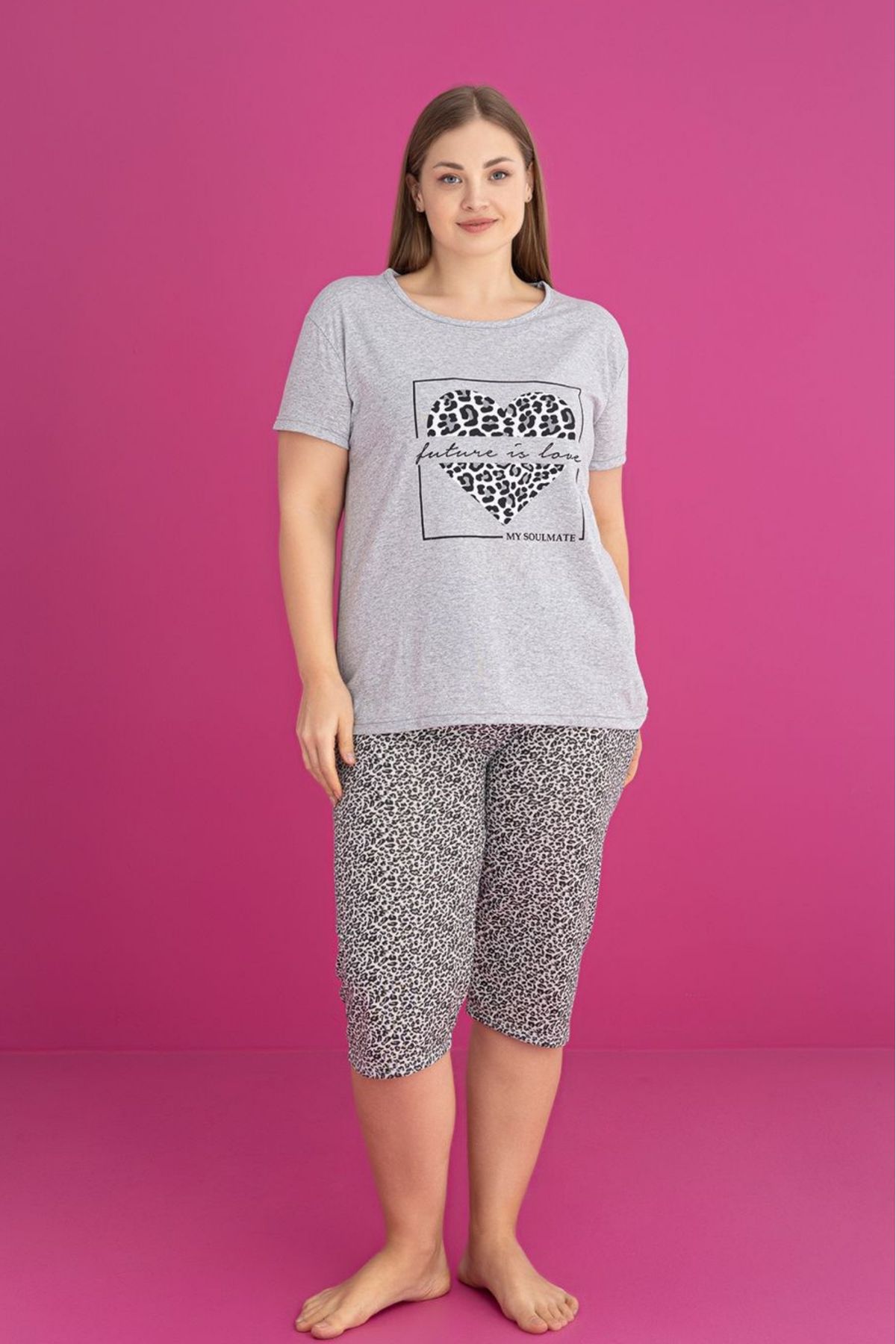 Farya Home-Plus Size Cotton Patterned Short Sleeve Bermuda Capri Suit 2